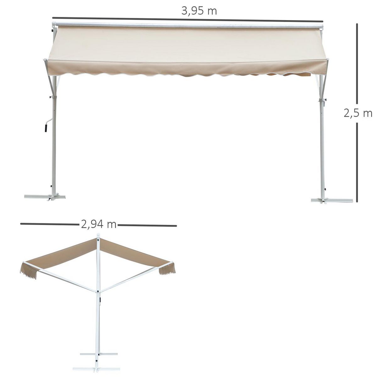 OUTSUNNY Store double pente manuel rétractable inclinaison réglable acier époxy blanc polyester imperméabilisé anti-UV beige dim. 4,50L x 3,40l x 2,55H m