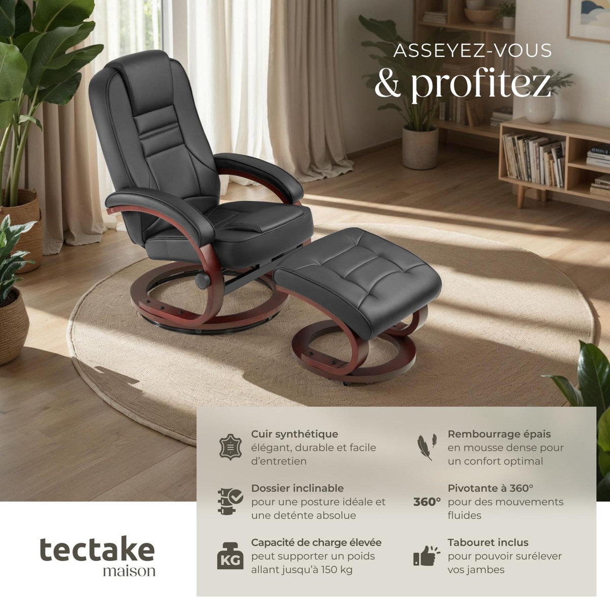 tectake Fauteuil relax pied rond avec repose-pieds noir/marron