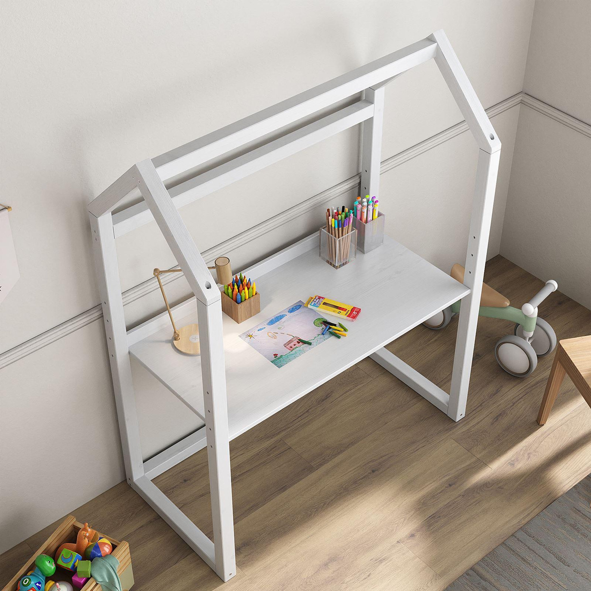 Voir la diapositive 4 : IDIMEX Bureau enfant évolutif TINA en forme de maison, en pin massif
