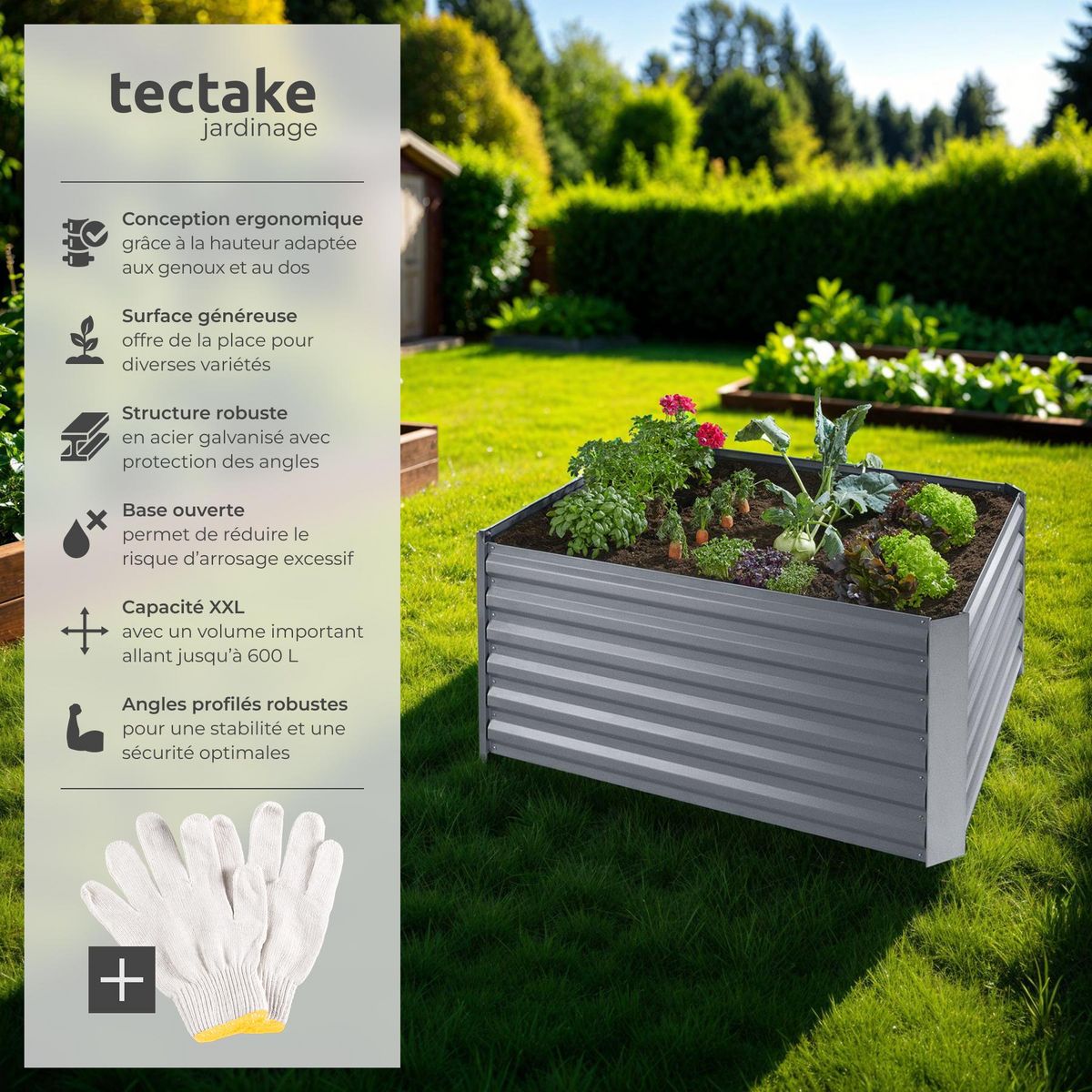 tectake Carré potager 600 L en acier galvanisé argent