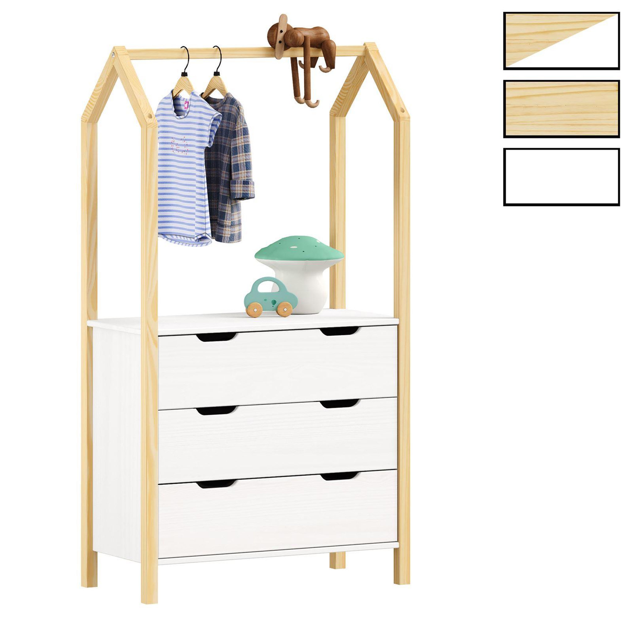 IDIMEX Commode AMIRA type Montessori, avec 3 tiroirs, en pin massif. Coloris disponibles : Blanc, Bicolore, Marron