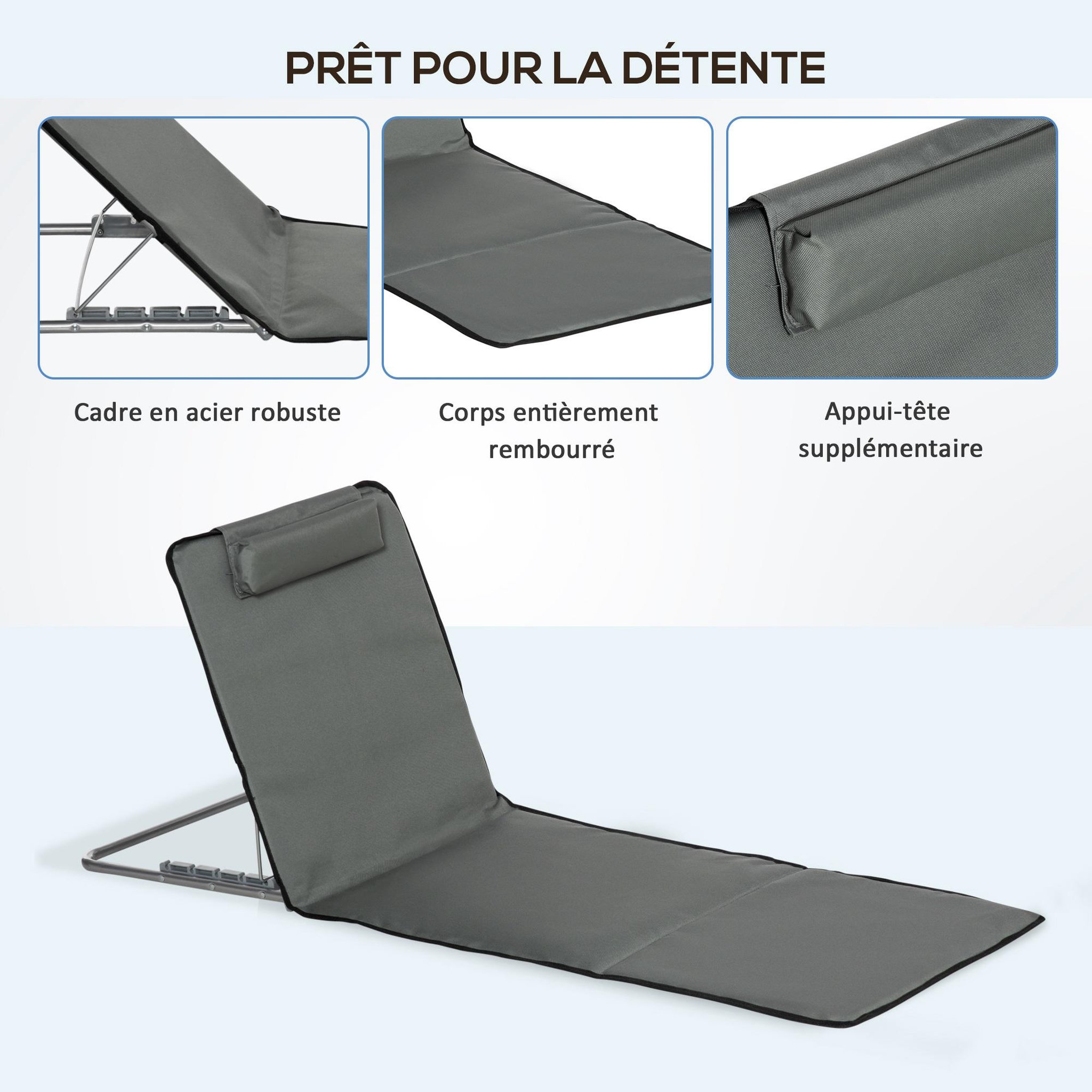 Voir la diapositive 6 : OUTSUNNY Lot de 2 tapis de plage rembourrés - dossier inclinable 5 positions - sac transport inclus - acier polyester gris