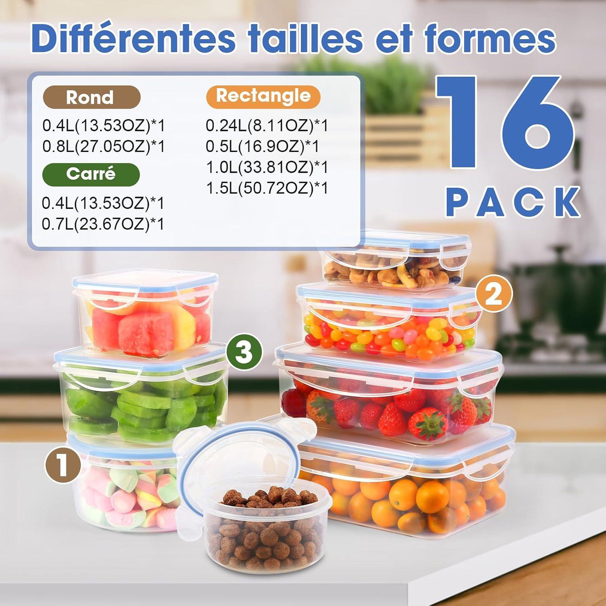 Voir la diapositive 2 : YASHE Boîtes alimentaires, 16 pièces, 8 récipients, 5,54 L