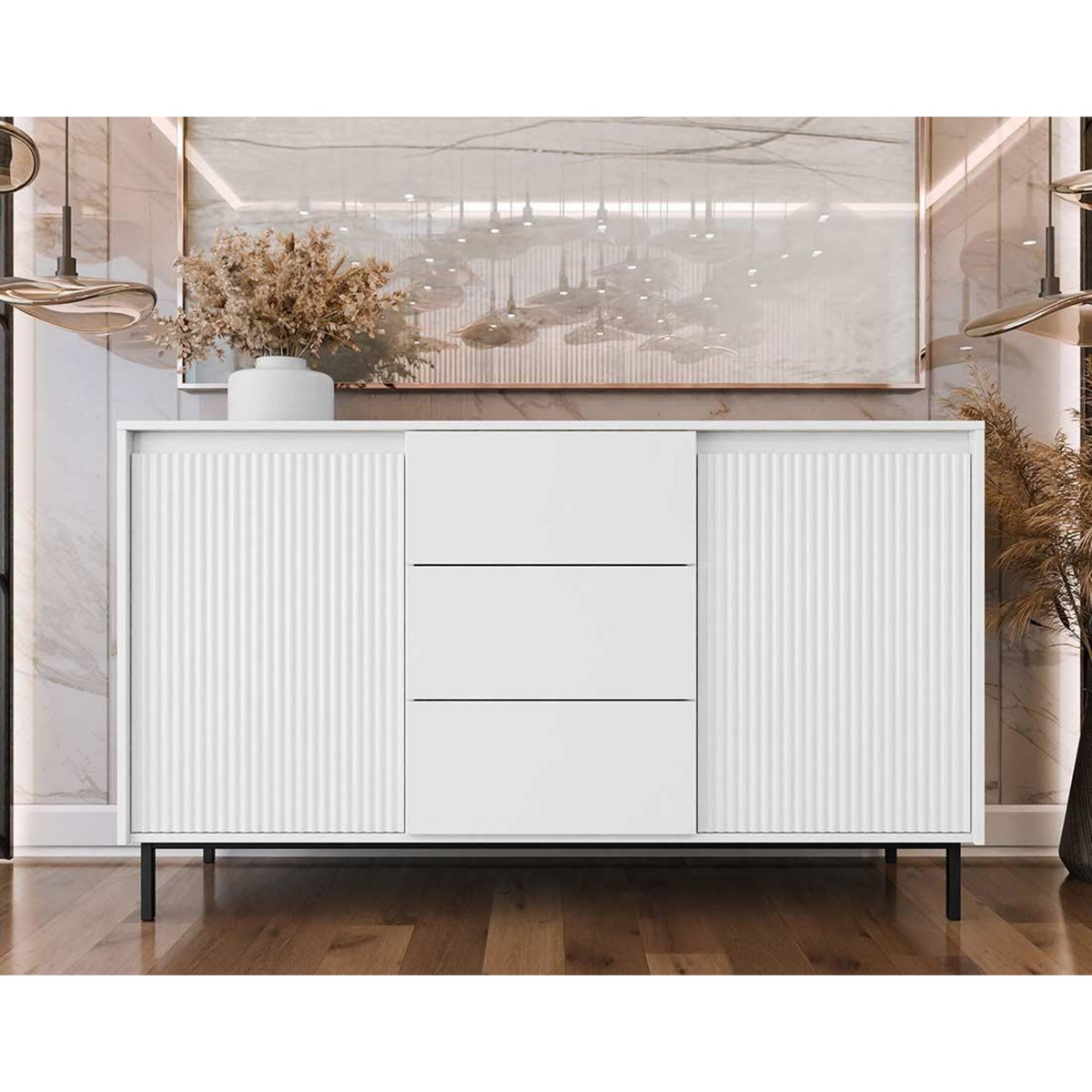 BEST MOBILIER Girona - buffet bas - blanc - 3 tiroirs et 2 portes - 153 cm