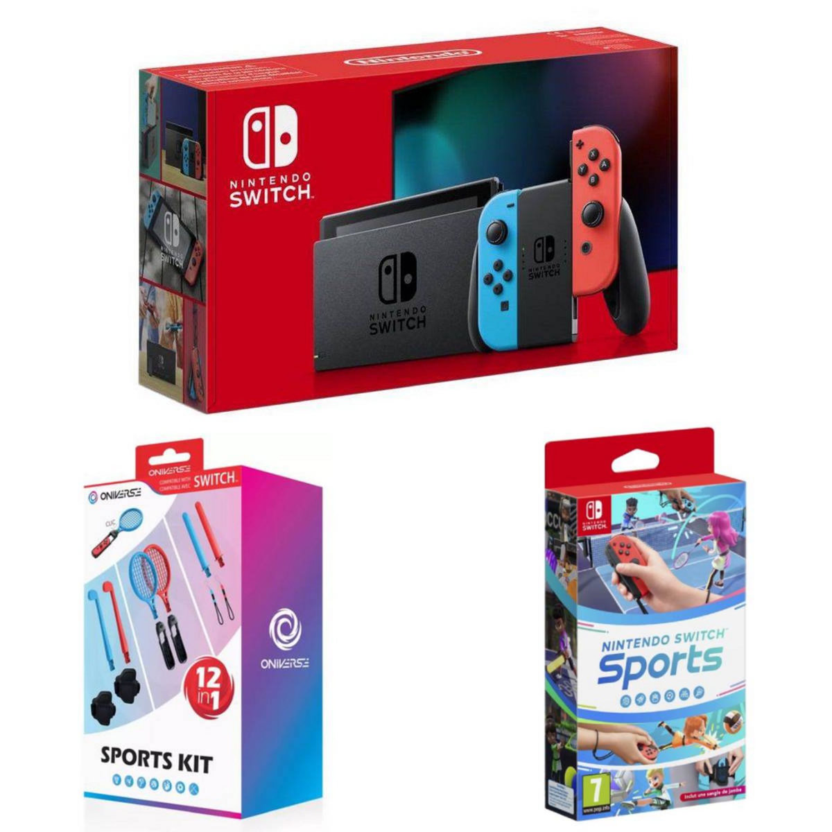 NINTENDO Console Nintendo Switch Joy-Con Bleu et Rouge 1.2 + Nintendo Switch Sports + Pack de 12 accessoires Nintendo Switch Sport