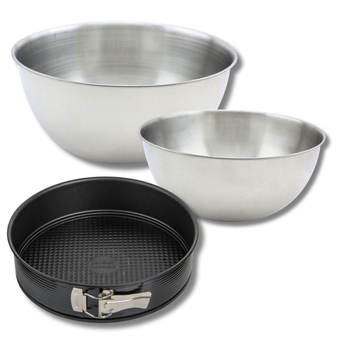 ZENKER Ensemble comprenant 1 Moule à manqué 26 cm, 1 spatule Zenker et 2 bols à mixer en inox Fackelmann
