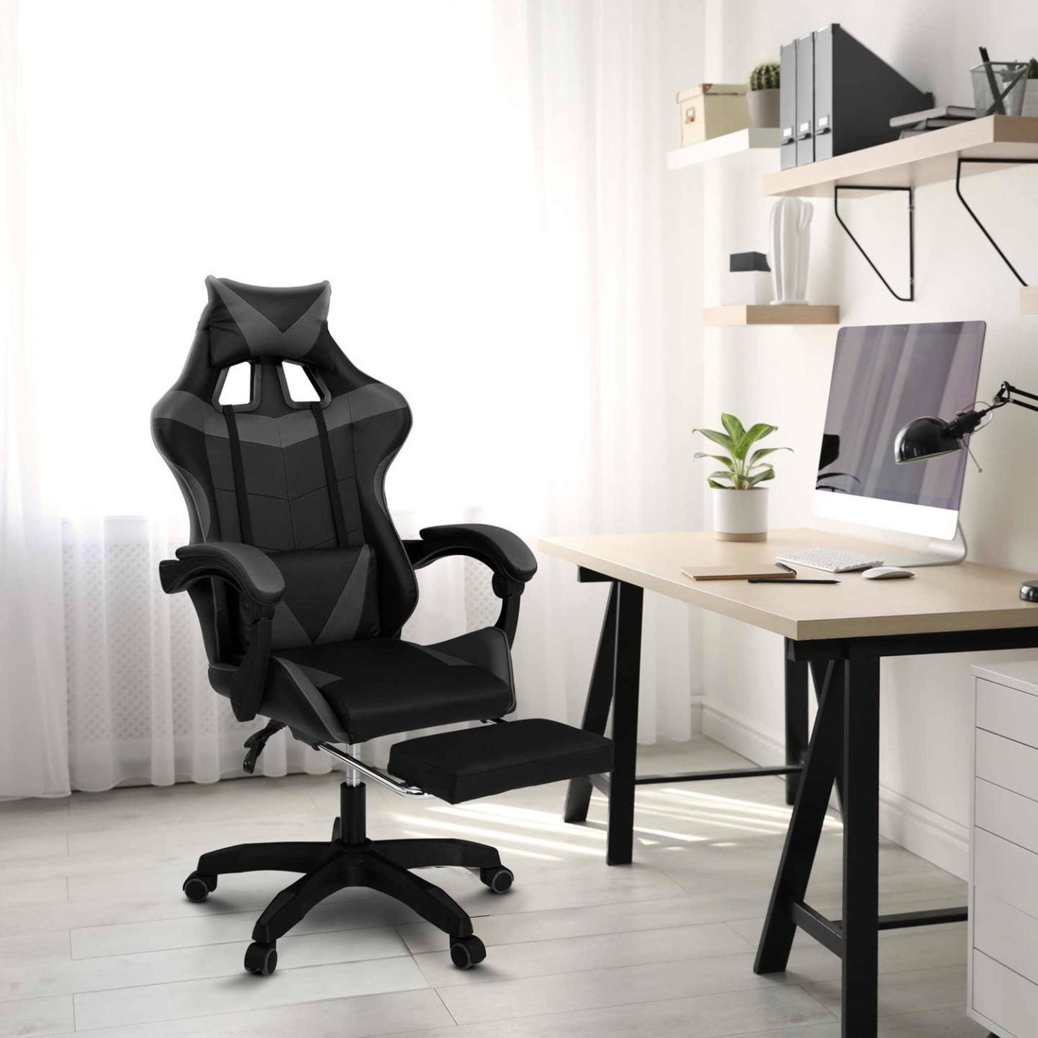 Voir la diapositive 4 : ID MARKET Fauteuil de gaming alex réglable avec repose-pied, coussin de tête et coussin lombaire noir et gris