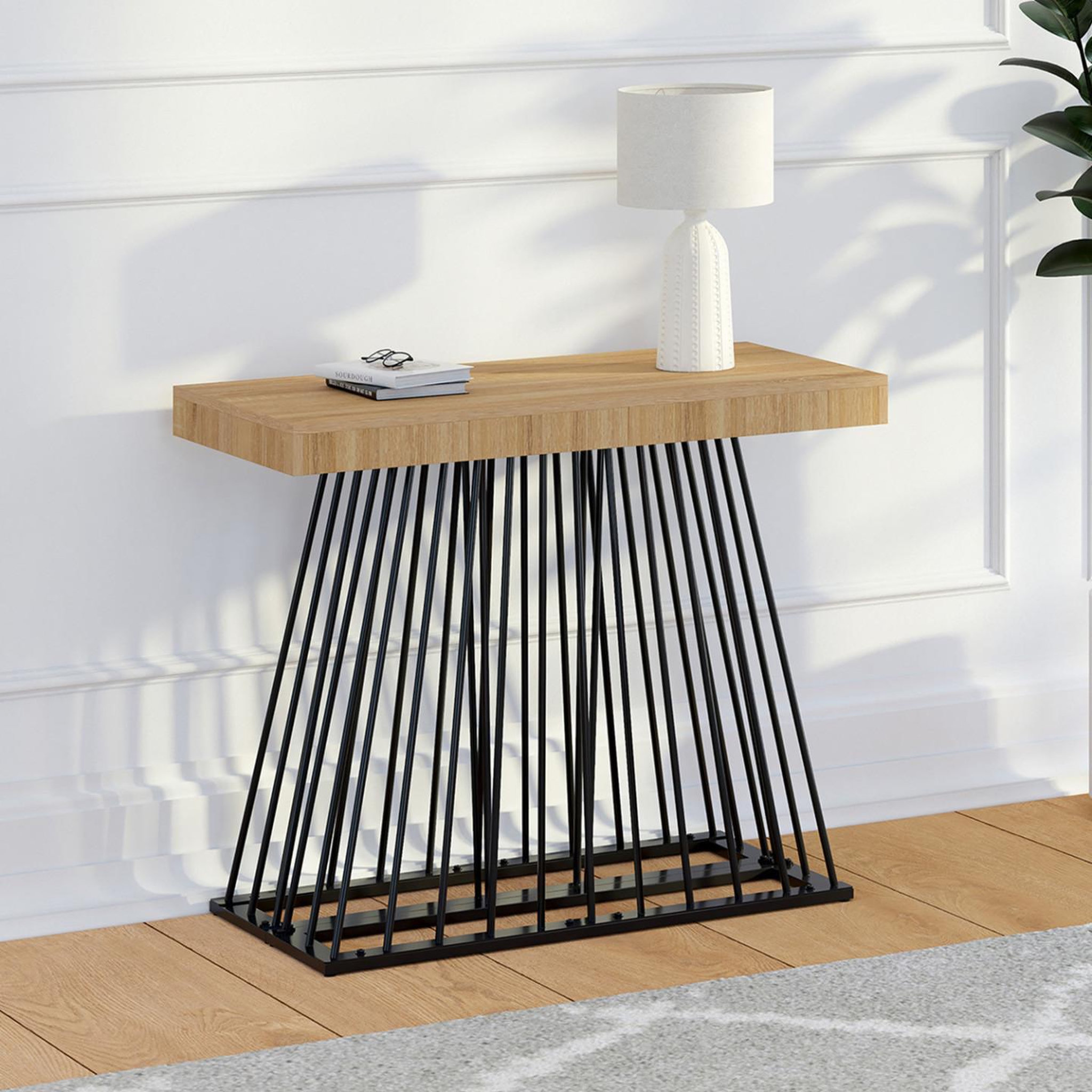 Voir la diapositive 3 : ID MARKET Table console extensible yuna 10 personnes 235 cm plateau bois et pied filaire en métal noir