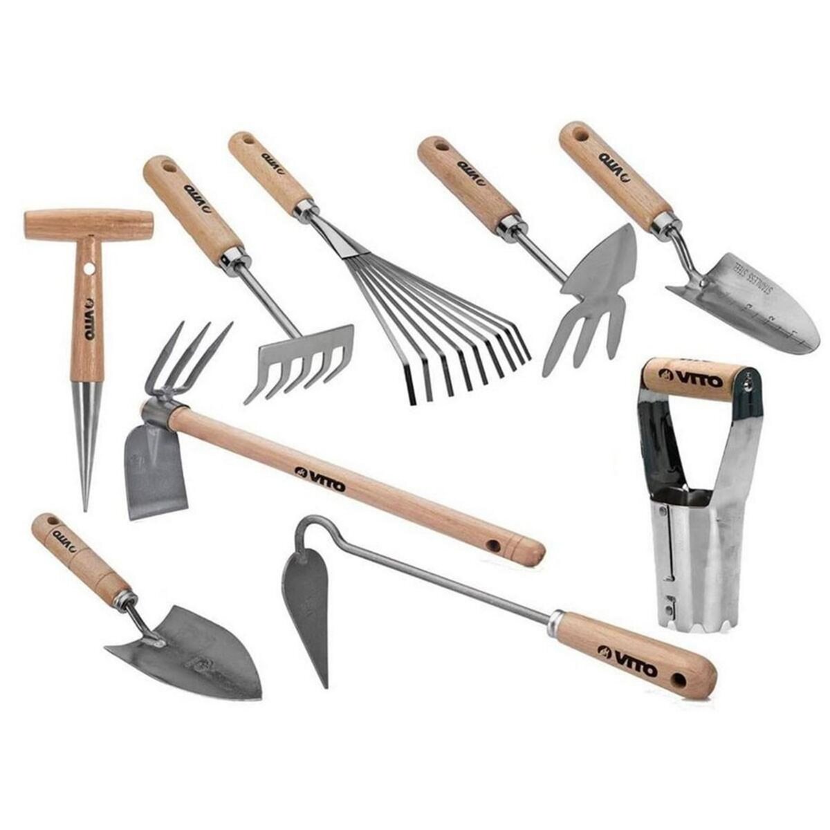 VITO Kit 9 outils de jardin Manche bois Hêtre Inox et Fer forgés à la main VITO