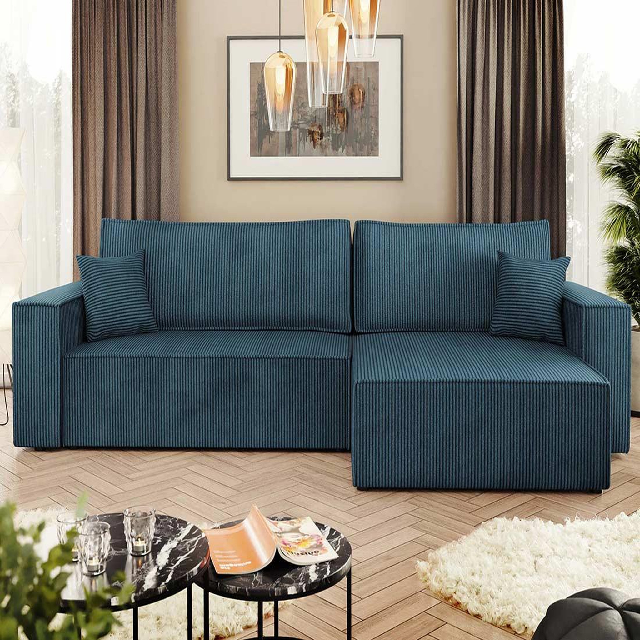 Voir la diapositive 4 : BEST MOBILIER Cezanne - canapé d'angle réversible 5 places convertible avec coffre en velours côtelé