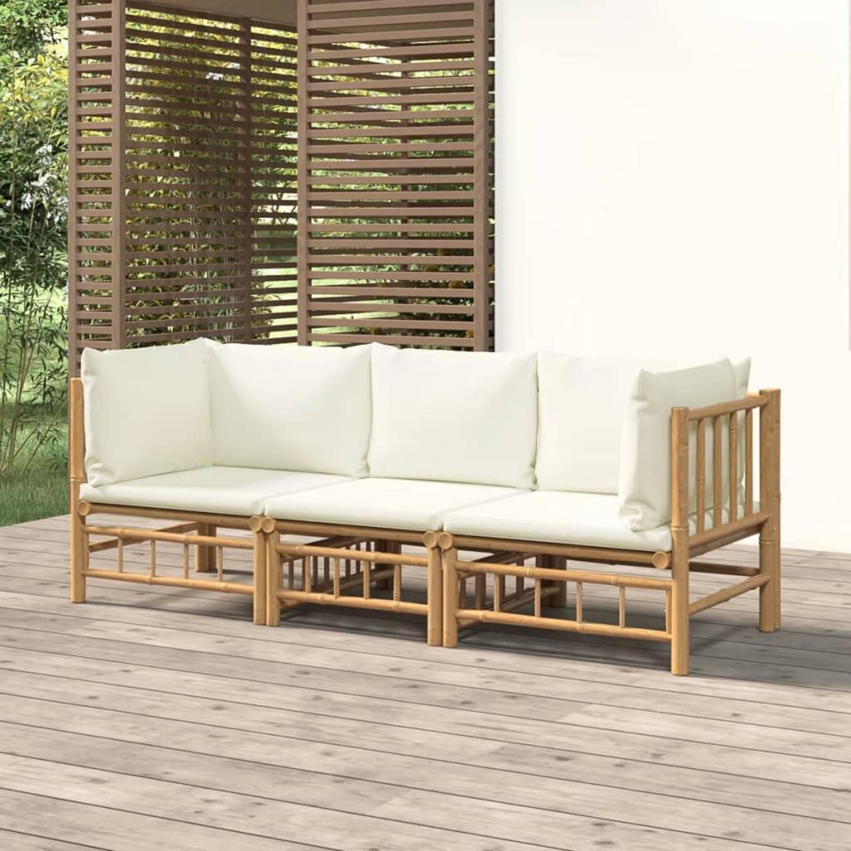 VIDAXL Salon de jardin 3 pcs avec coussins blanc creme bambou