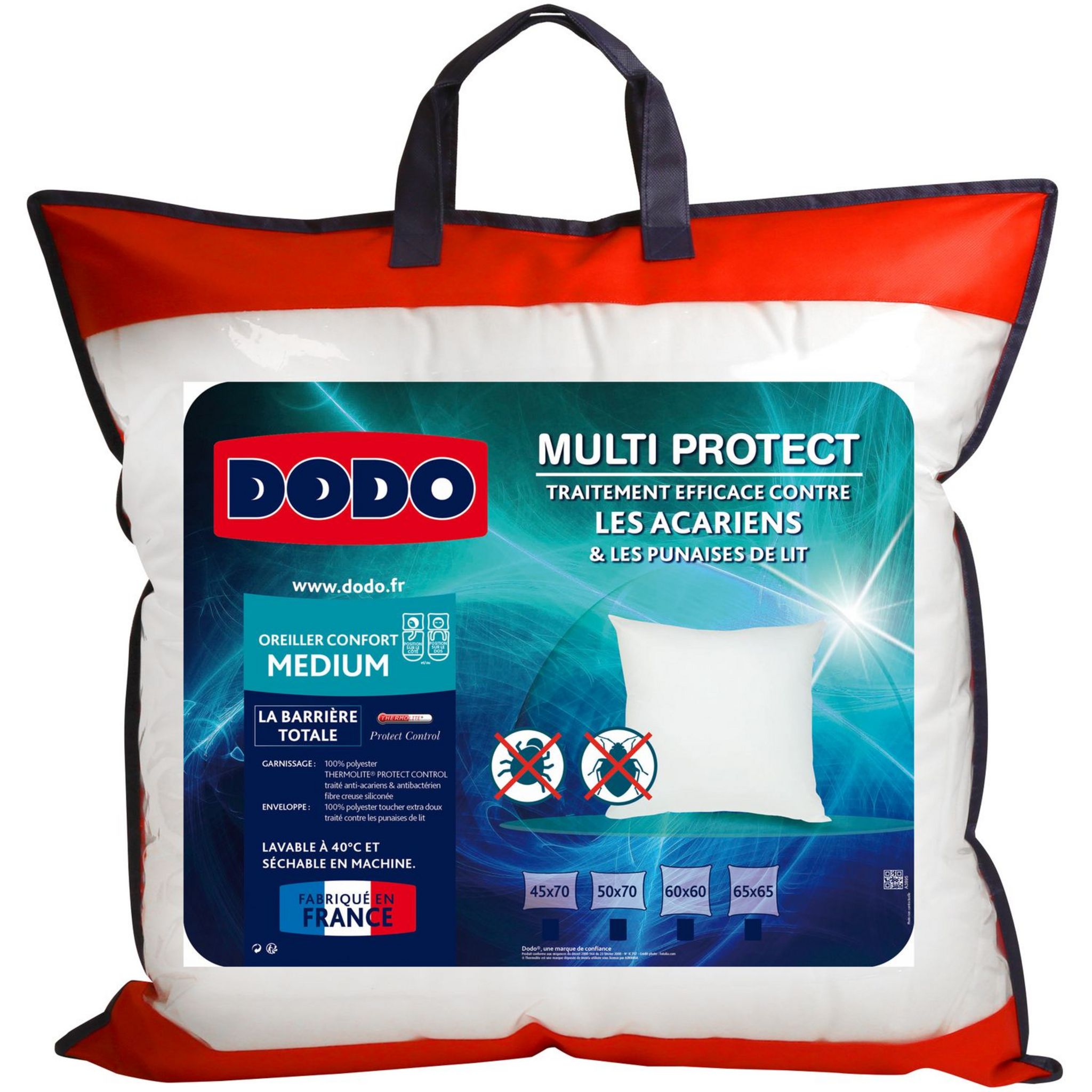 DODO Oreiller Médium anti-acariens DODO MULTI PROTECT. Coloris disponibles : Blanc
