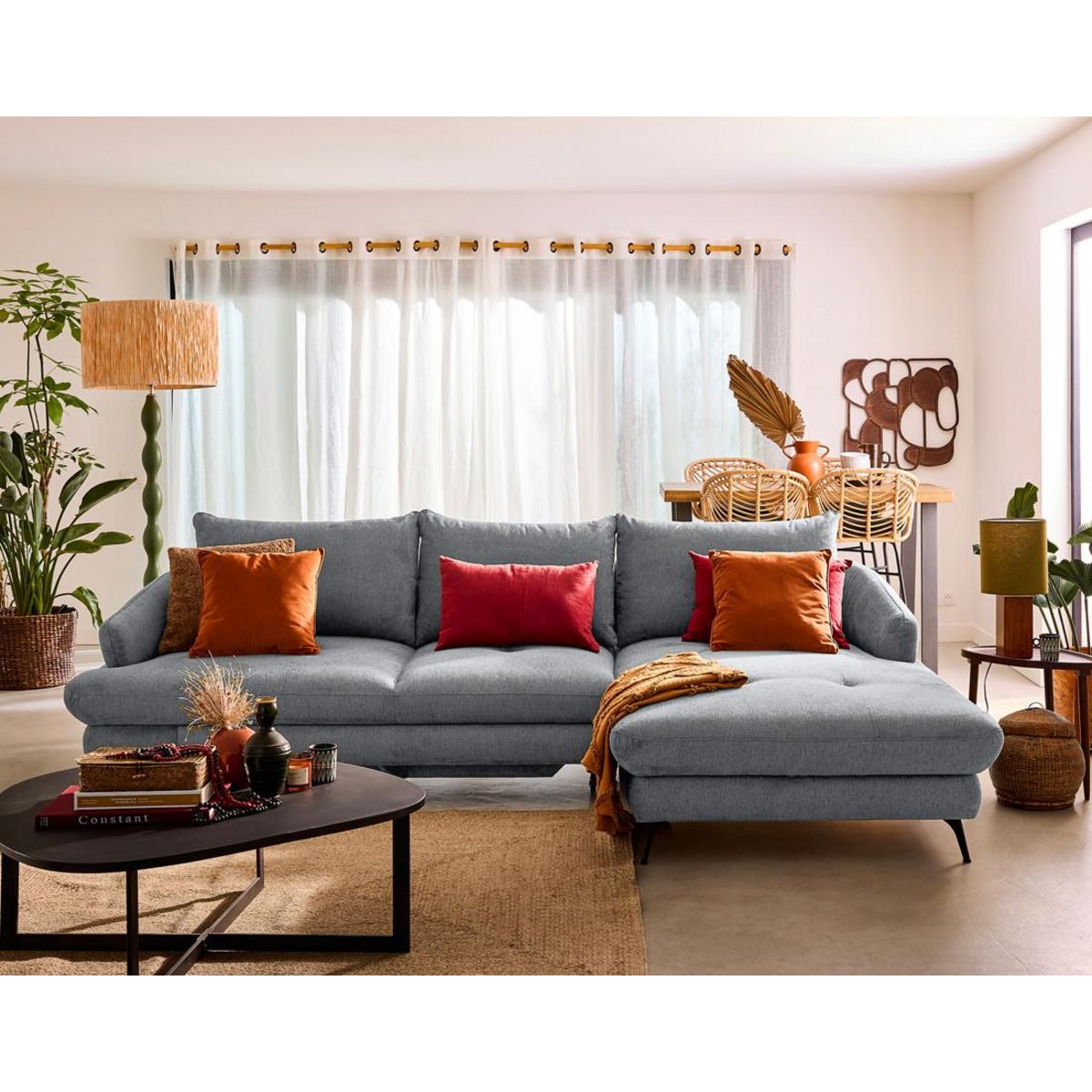 LISA DESIGN Ninon - canapé d'angle droit 4 places convertible avec coffre en tissu texturé