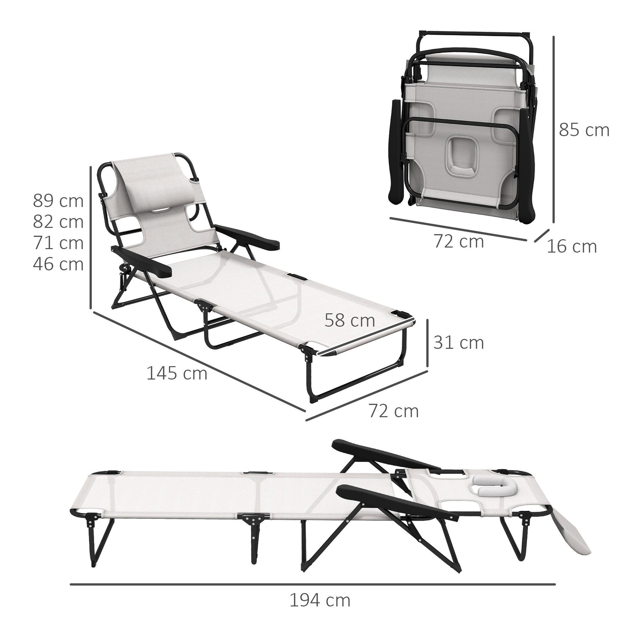 Voir la diapositive 3 : OUTSUNNY Bain de soleil transat pliable inclinable - coussins, espace tête - acier noir polyester crème