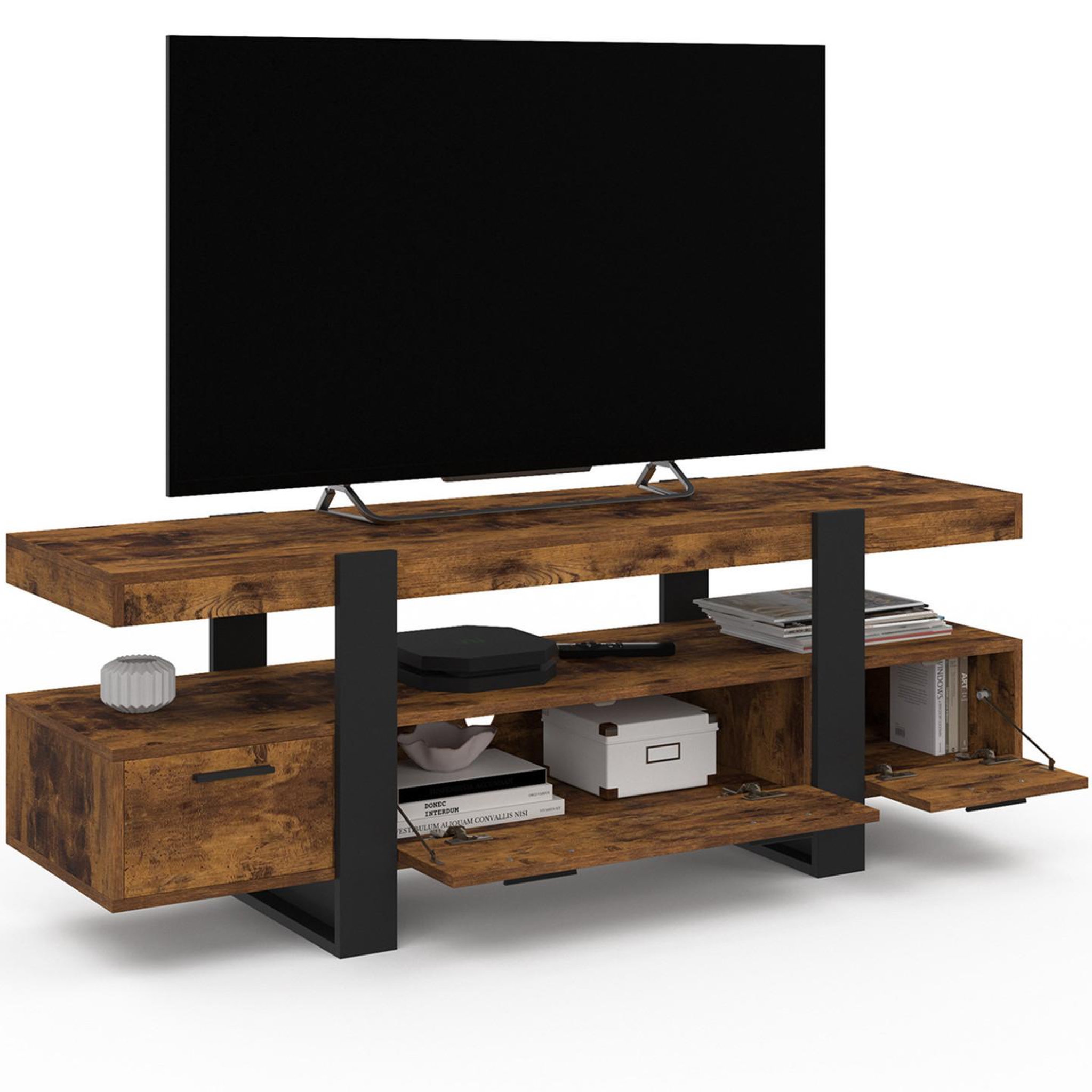 Voir la diapositive 3 : ID MARKET Meuble tv 140 cm phoenix avec tiroirs bois effet vieilli et noir