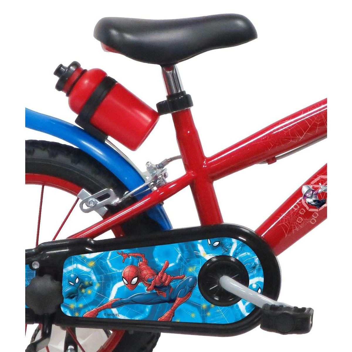 Marvel Vélo enfant - Modèle 14'' Spiderman + Casque - Pour enfant de 95 à 110 cm avec stabilisateurs - Plaque décorative avant - Bidon arrière & 2 freins.