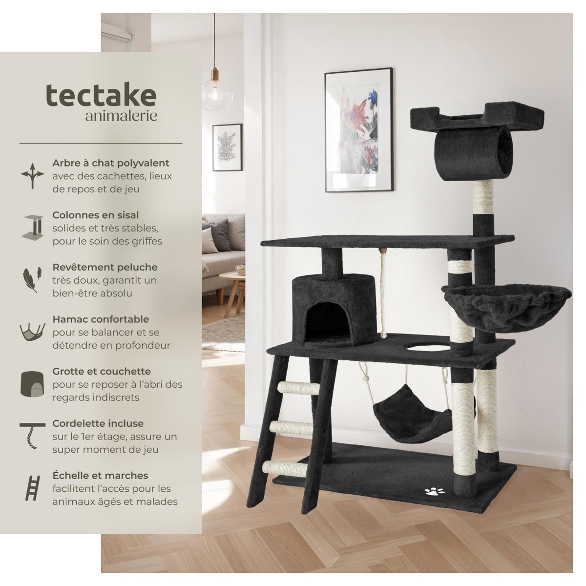 tectake Arbre à chat 141 cm avec griffoir et plateforme d'escalade noir