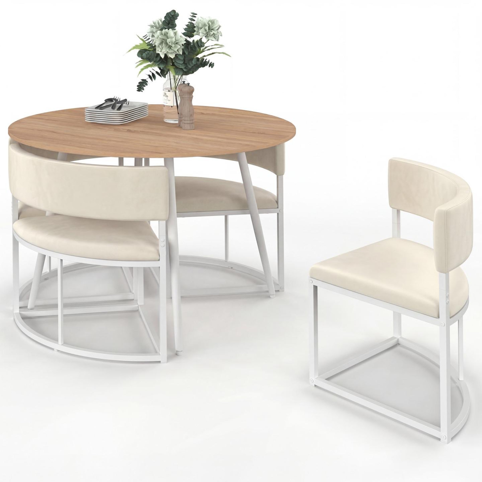 ID MARKET Ensemble table + 4 chaises encastrables milene métal blanc plateau façon hêtre et tissu velours beige