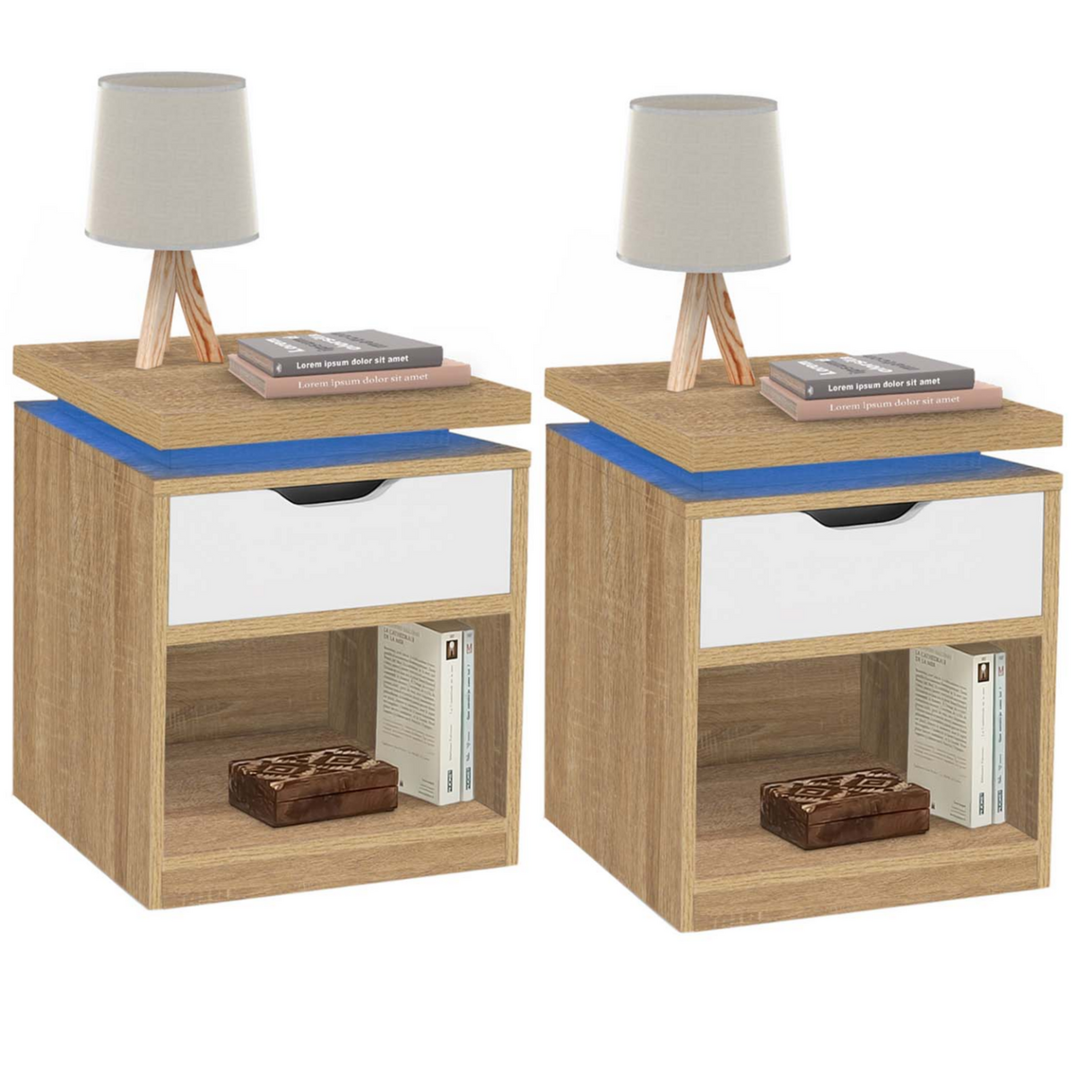 ID MARKET Lot de 2 tables de chevet LUNA à LEDS 1 tiroir avec niche hêtre et blanc
