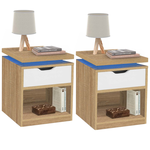 ID MARKET Lot de 2 tables de chevet LUNA à LEDS 1 tiroir avec niche hêtre et blanc