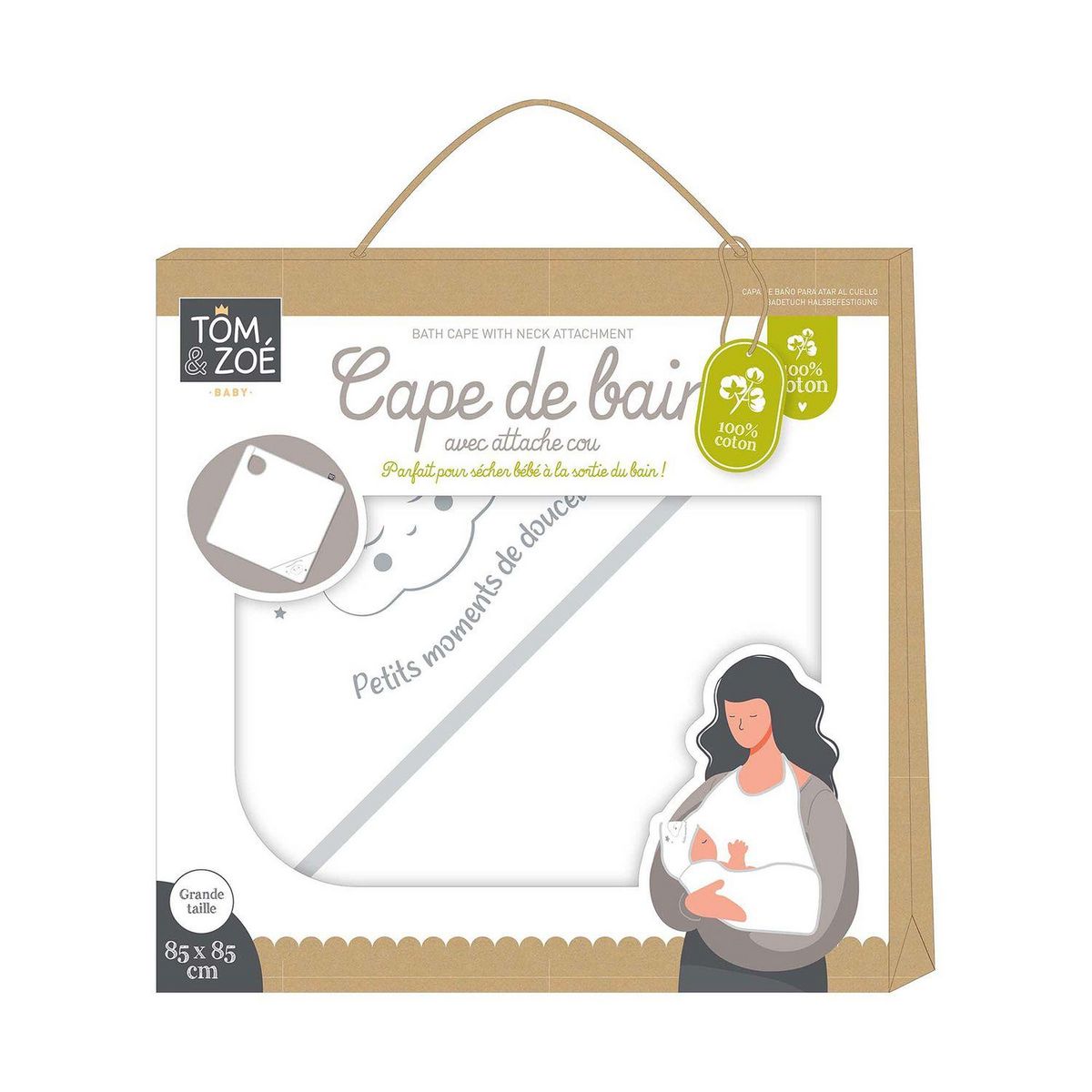 TOILINUX Cape de bain attache cou - en Coton - 70 cm x 70 cm