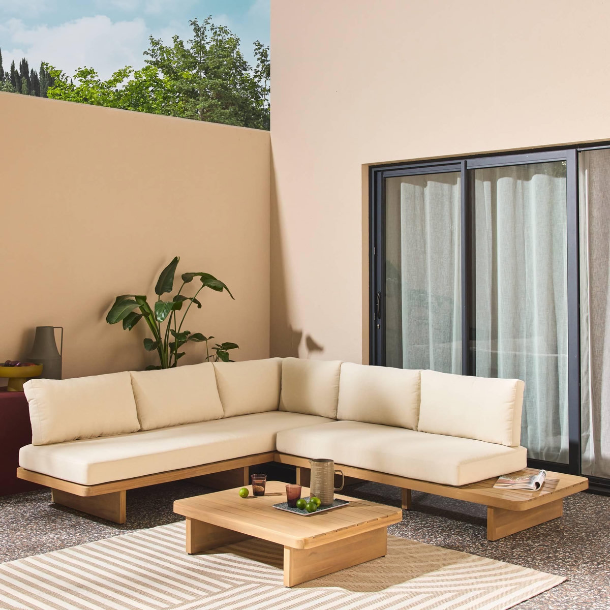 SWEEEK Salon de jardin d'angle bois d'acacia 5 places beige - Zenzu