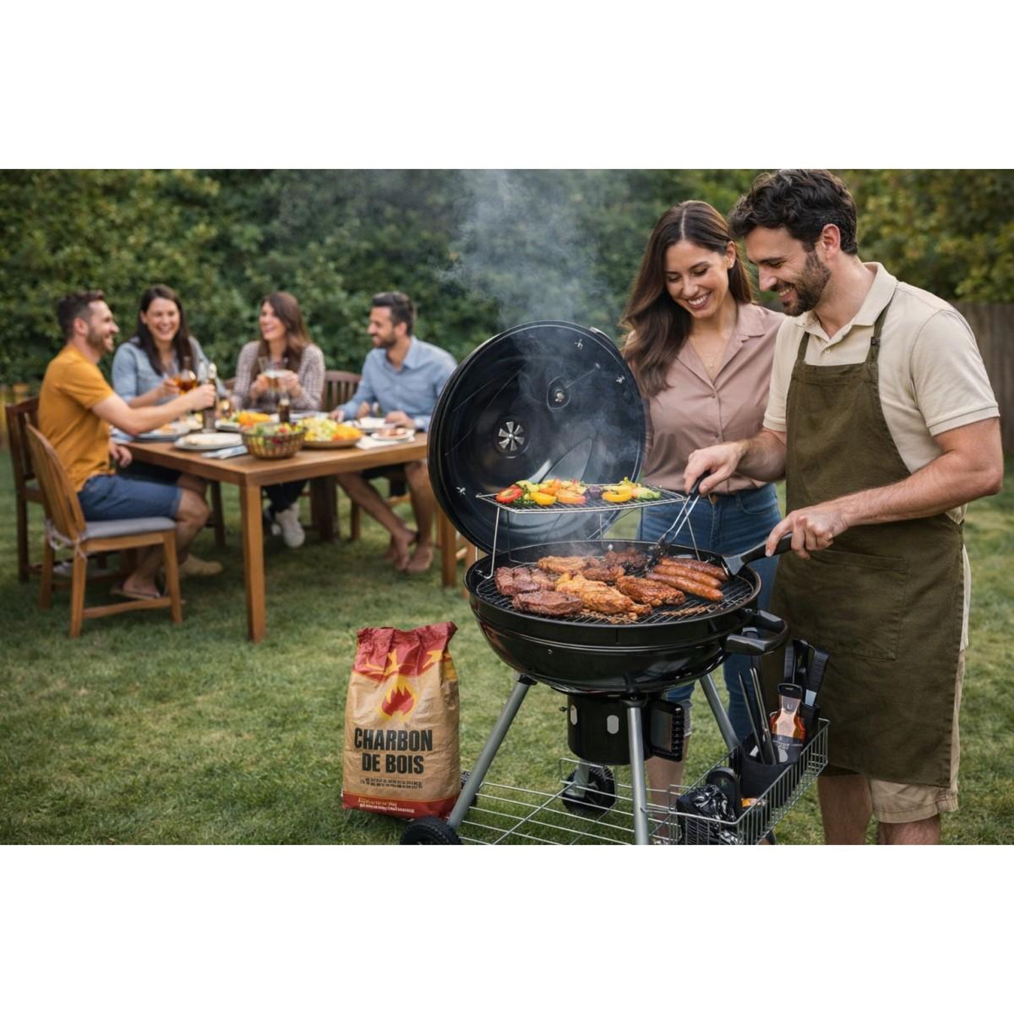 Voir la diapositive 3 : EL GAUCHO Barbecue à charbon de bois double grille cuisson ø54.5cm& couvercle thermostat bac à cendres, barbecue sur roues avec rangement