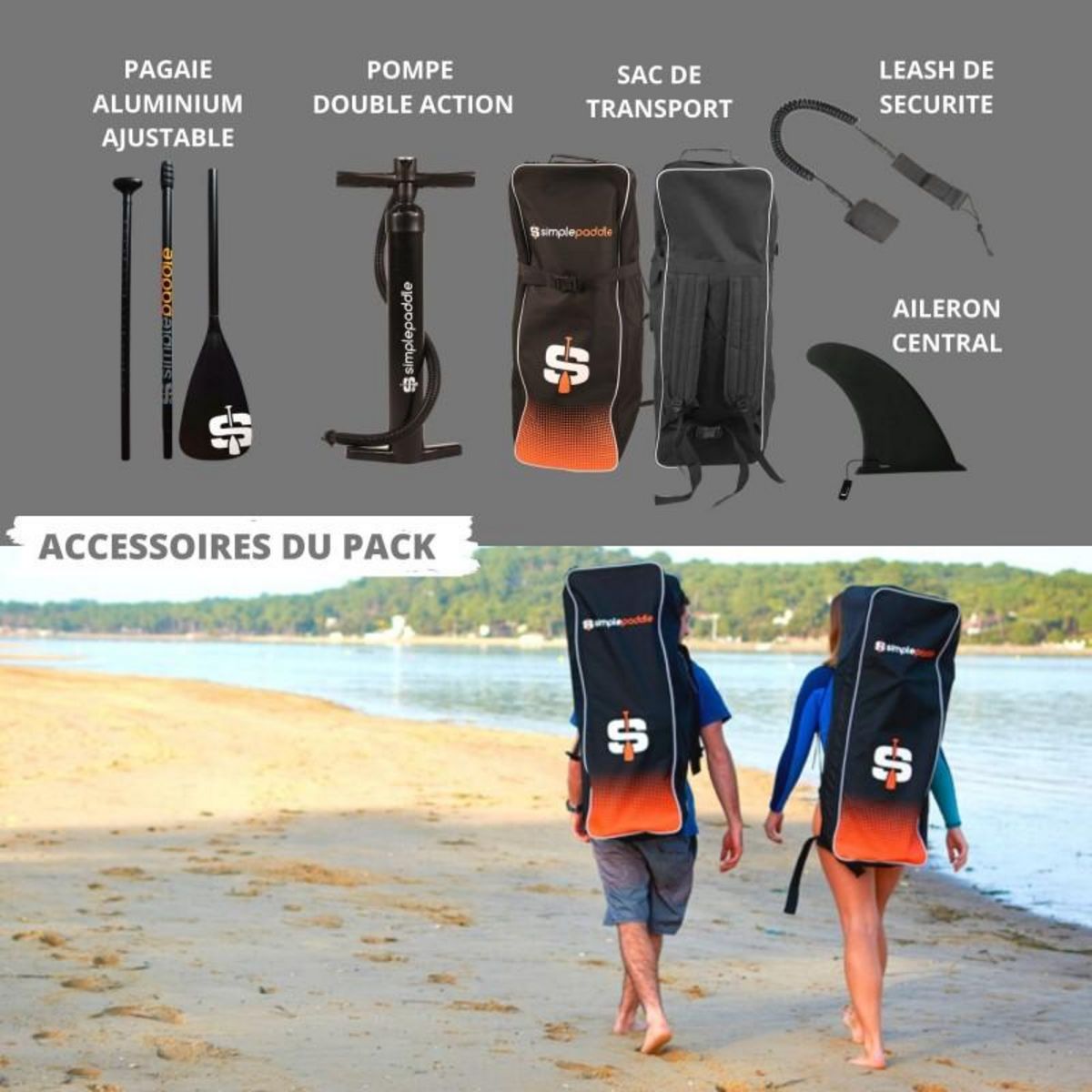 SIMPLE PADDLE Paddle Gonflable UGAL 10'6 30'' 6  (315 x 76 x 15 cm) avec Pagaie, Leash, Pompe et Sac de Transport