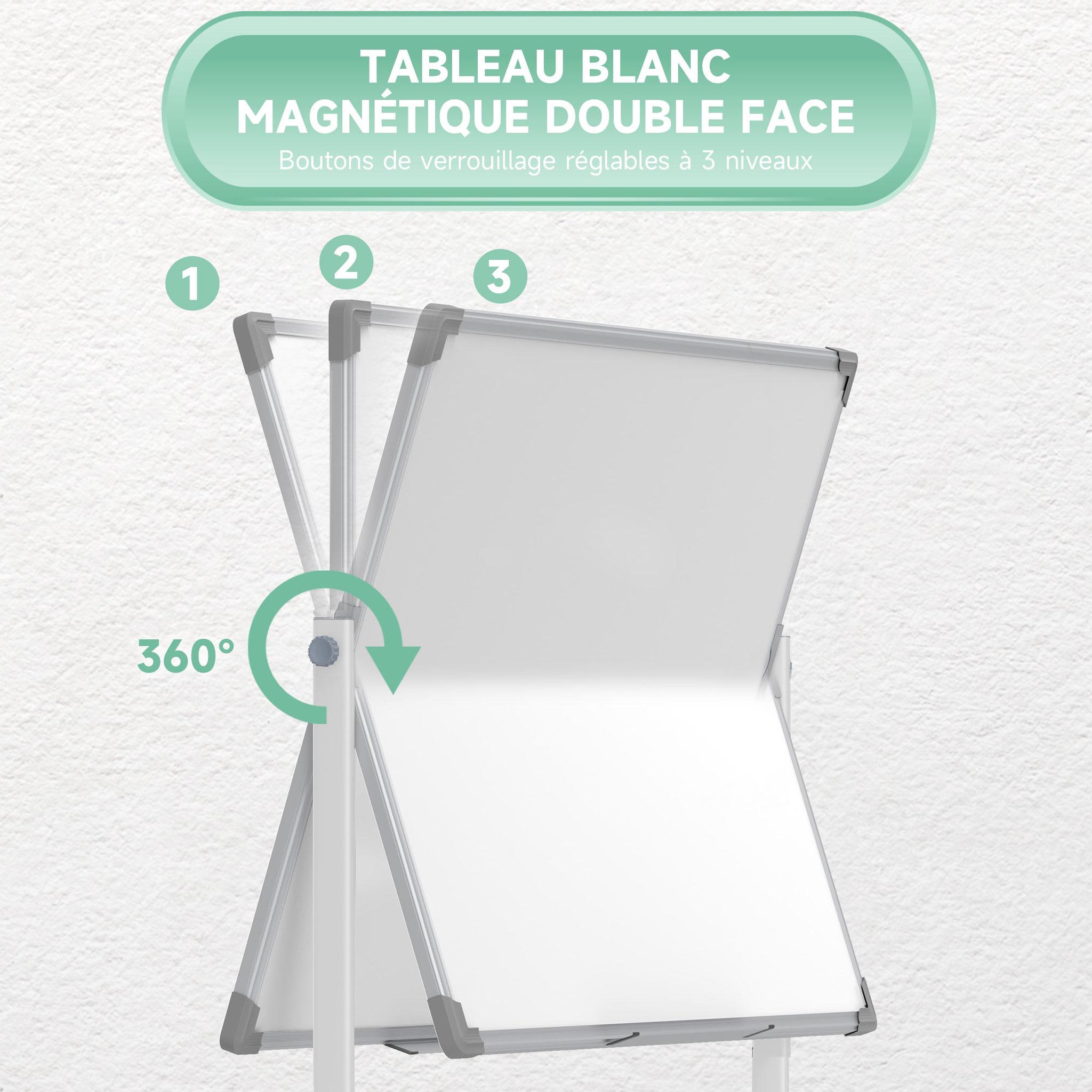 Voir la diapositive 4 : HOMCOM Tableau blanc magnétique sur roulettes double face - tableau rotatif avec étagère - nombreux accessoires inclus