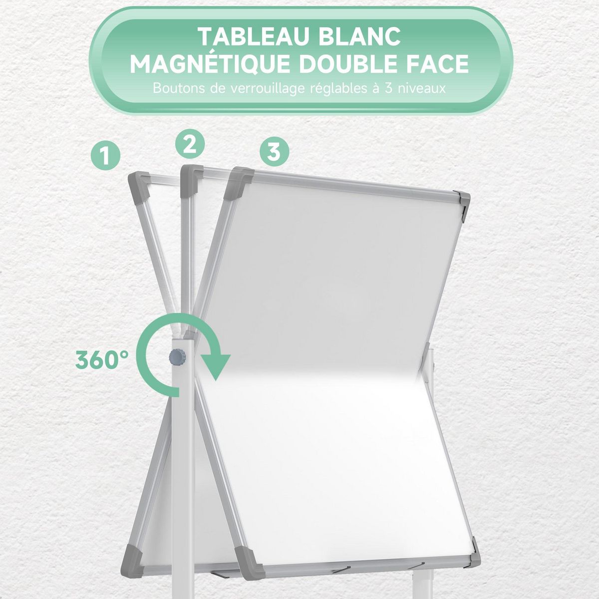 HOMCOM Tableau blanc magnétique sur roulettes double face - tableau rotatif avec étagère - nombreux accessoires inclus