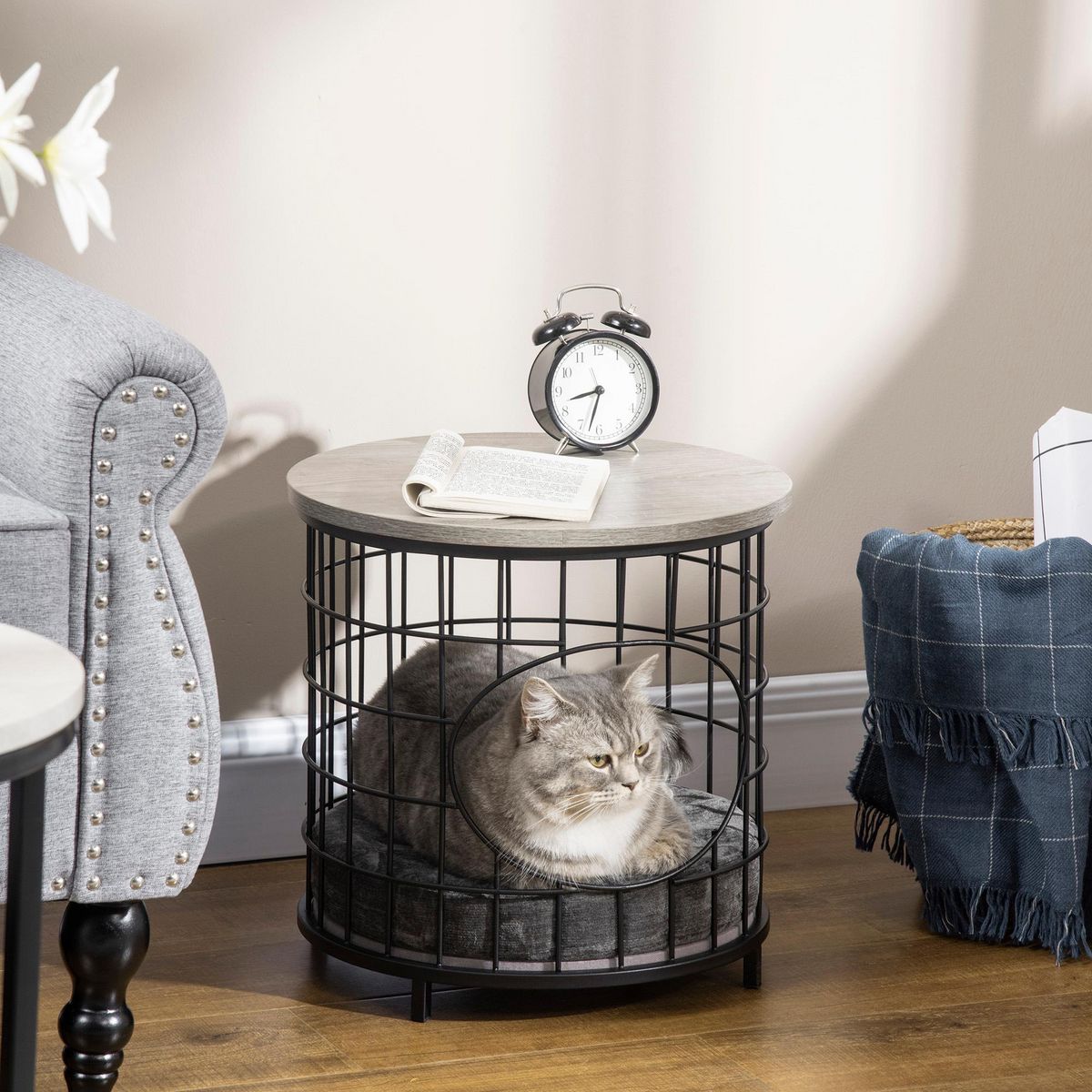 PAWHUT Panier chat cosy grand confort table basse 2 en 1 coussin amovible acier noir panneaux particules aspect bois gris