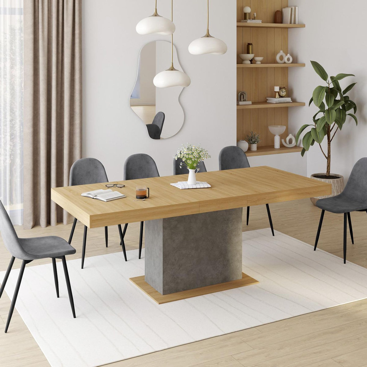 ID MARKET Table à manger extensible rectangle EDEN 6-10 personnes bois et effet béton 160-200 cm