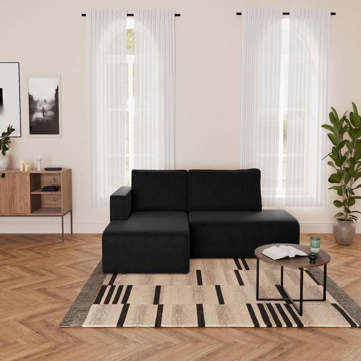 BEST MOBILIER Topaze - canapé d'angle gauche 4 places convertible avec coffre en velours côtelé