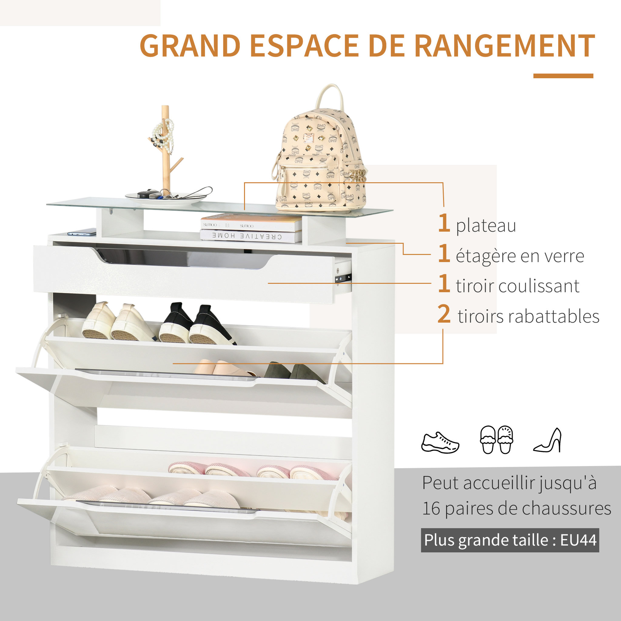 Voir la diapositive 5 : HOMCOM Armoire à chaussures avec 2 tiroirs rabattables + 1 tiroir coulissant + 1 comptoir et 1 plateau en verre étagère réglable sur 2 niveaux 89 x 23 x 96 cm blanc
