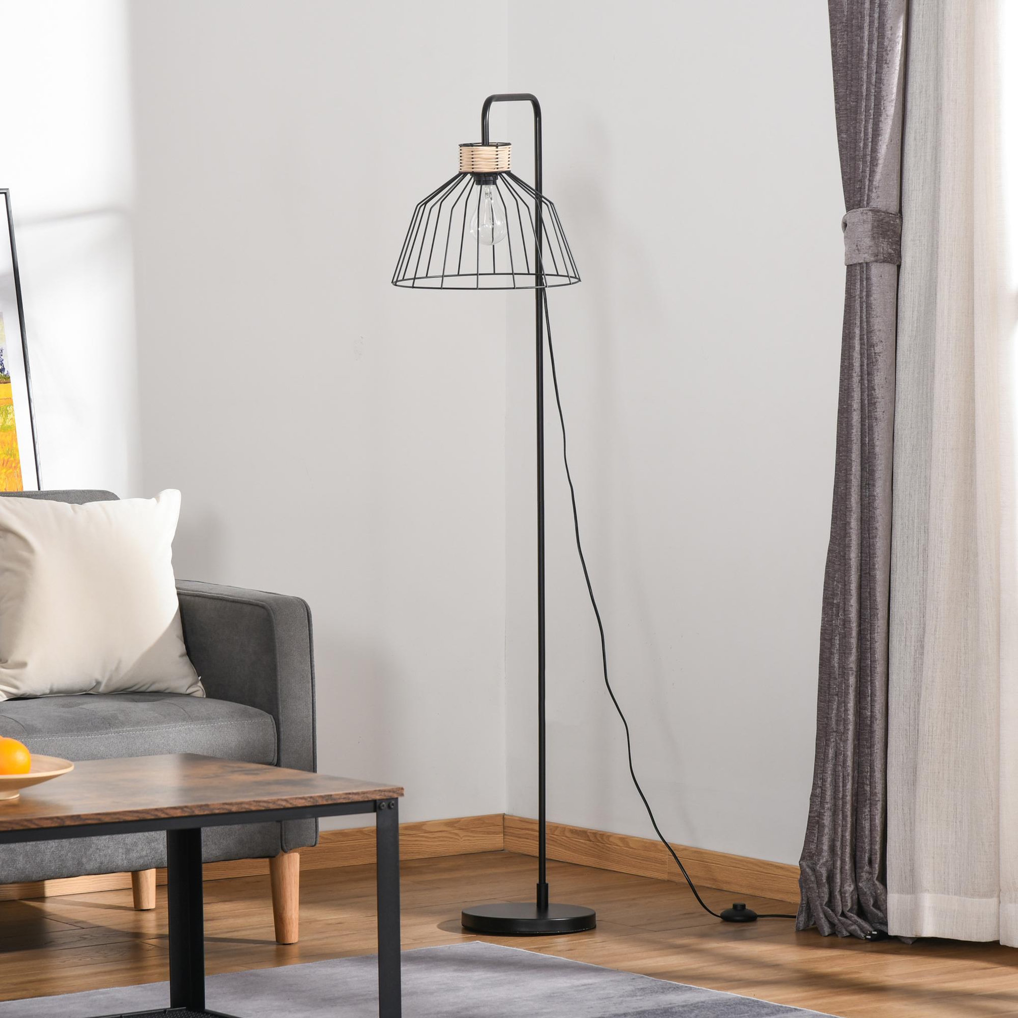 Voir la diapositive 4 : HOMCOM Lampadaire design industriel grillagé et arqué 40 w max. Métal noir rotin