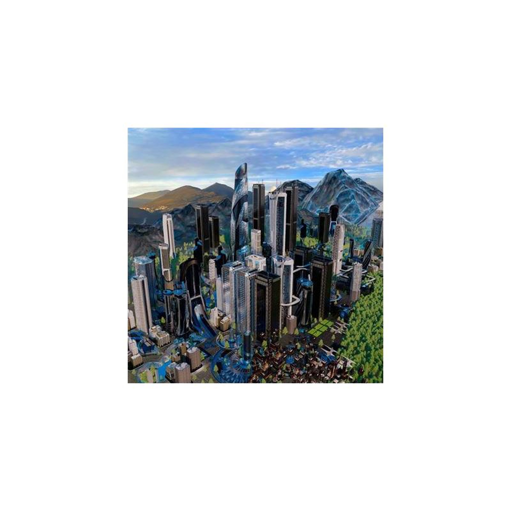 City skyline et gratte-ciel en impression d'art, bleus et gris, perspective centrale