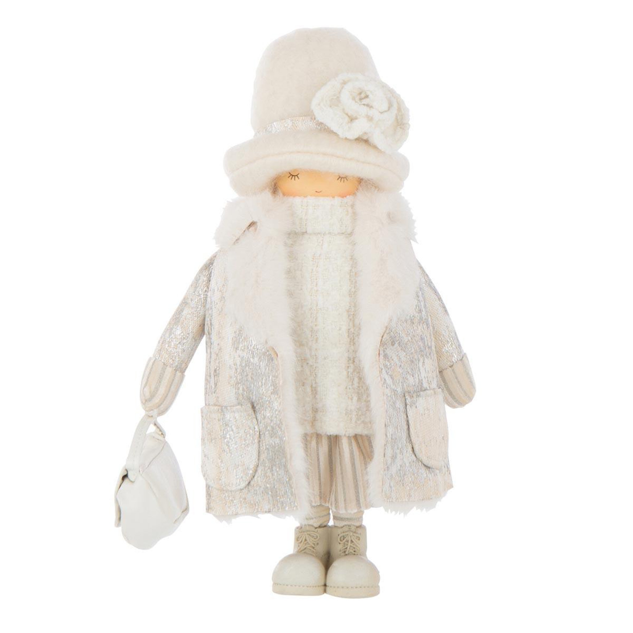 J-LINE Statuette fille en tissu  sac  30cm blanc cassé