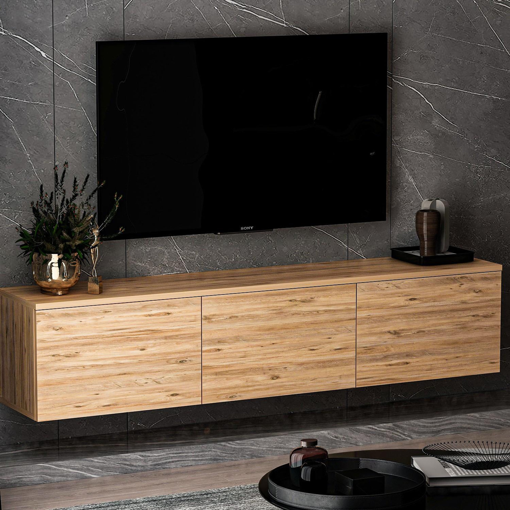 Voir la diapositive 4 : Habitat et Jardin Meuble tv suspendu en bois avec éclairage led  neon  - 160 x 32 x 35 cm - marron clair