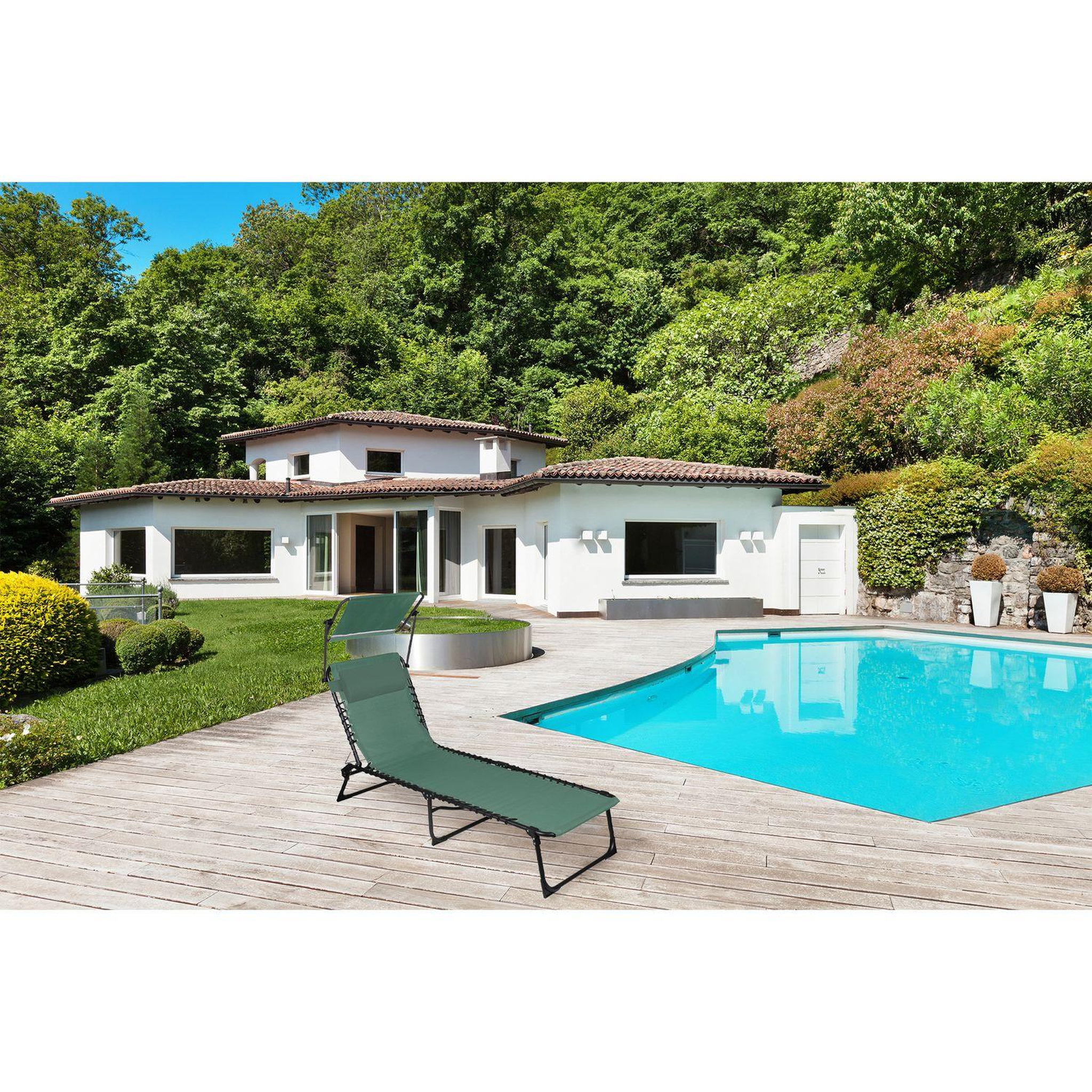 Voir la diapositive 2 : TOILINUX Lot de 2 bains de soleil avec parasol et coussin - thé vert