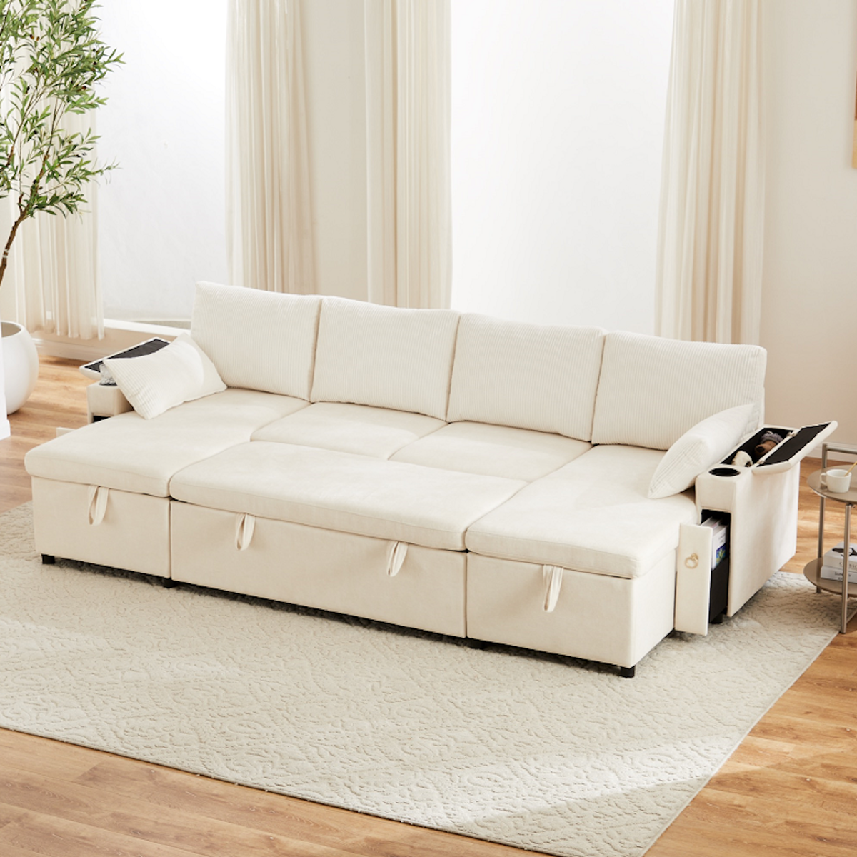 MERAX Canapé d'angle panoramique convertible 4 places tissu coffre de rangement