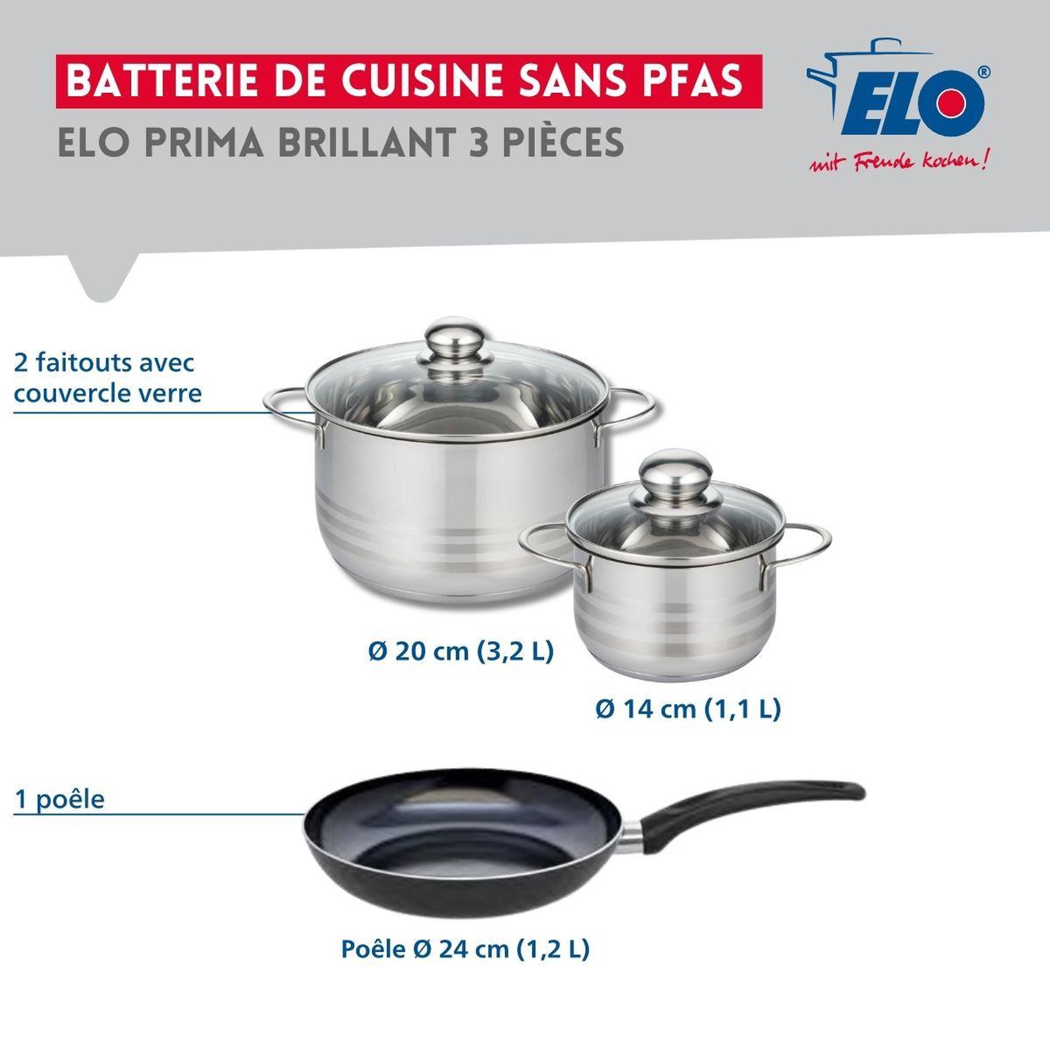 Voir la diapositive 2 : ELO Ensemble de 1 poêle de cuisson 24 cm et 2 faitouts 14 et 20 cm elo prima brillant