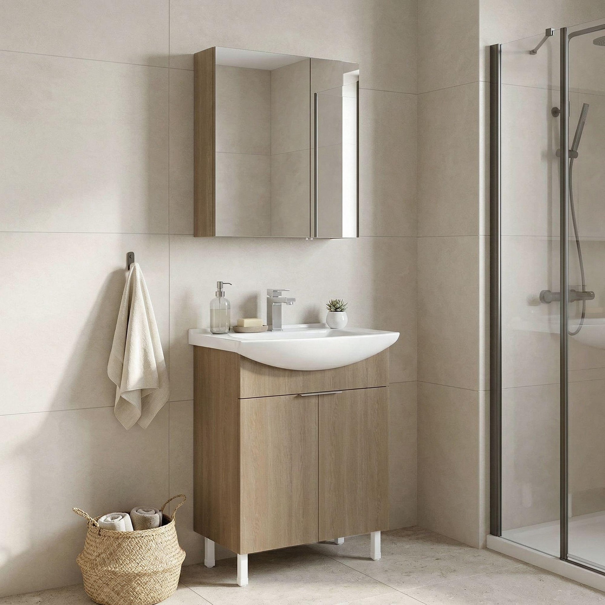 Voir la diapositive 2 : Habitat et Jardin Meuble avec simple vasque et miroir  Purus 65  - 65 x 50 x 83 cm - Oak