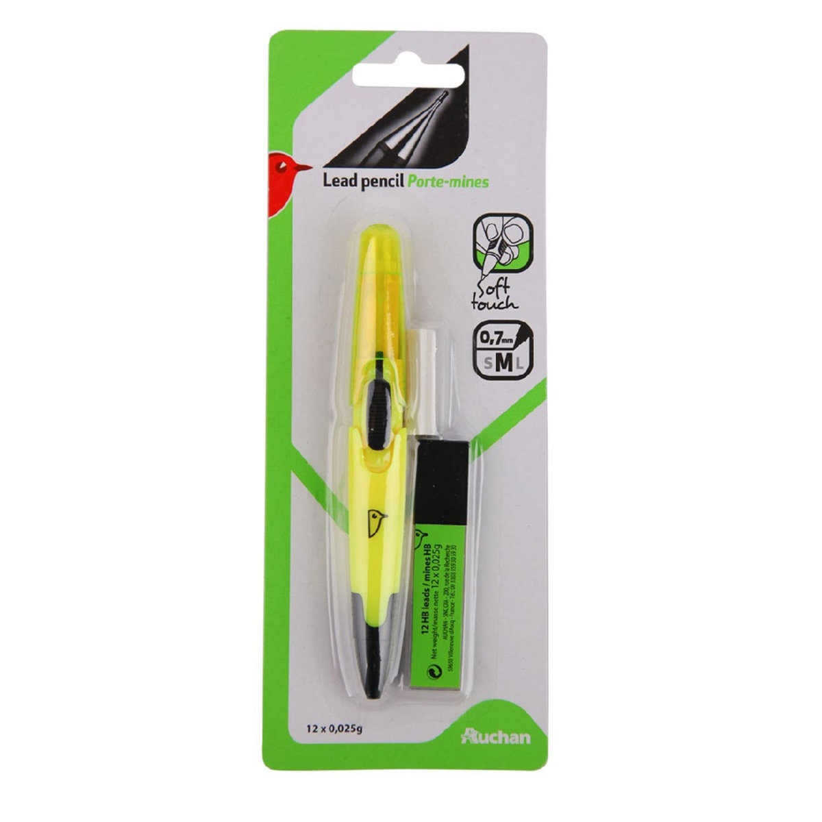 AUCHAN  Porte mines 0.7mm Soft Touch jaune + 12 mines
