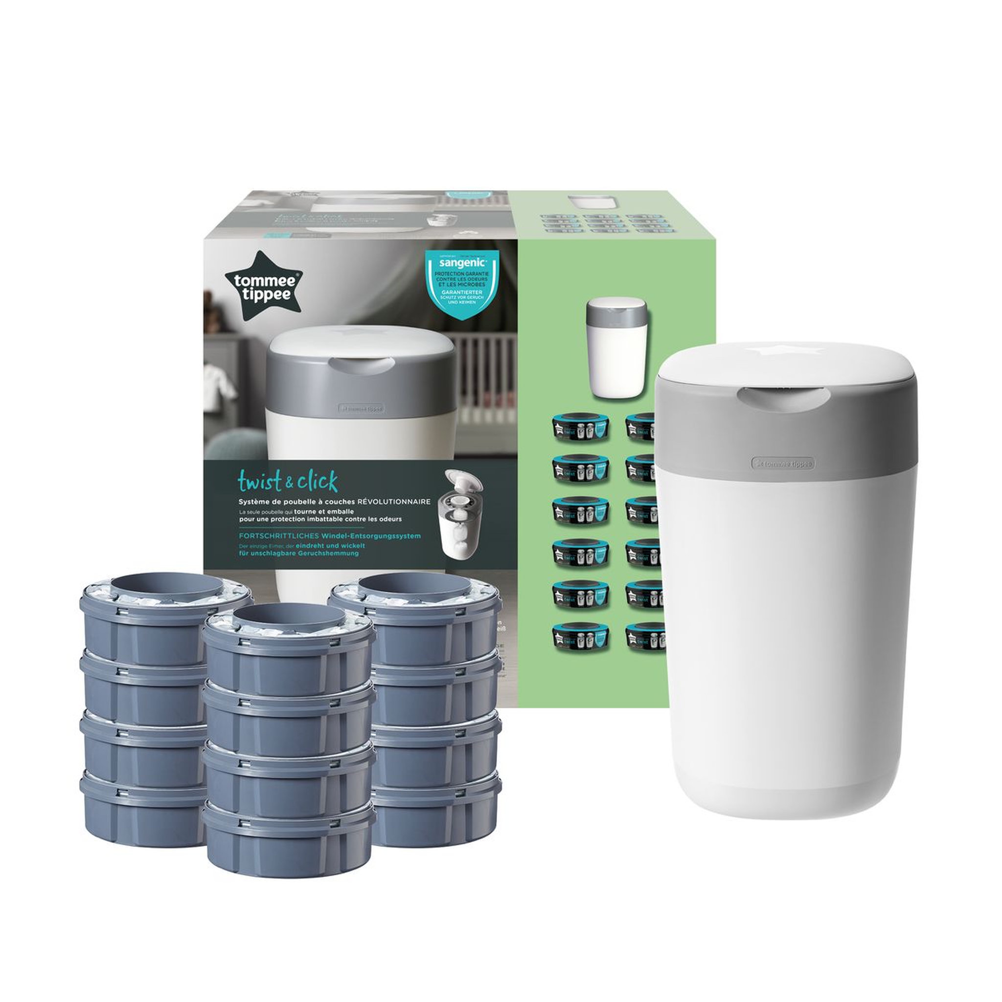 TOMMEE TIPPEE Starter Pack Poubelle à couches Twist & Click Blanc bac + 12 recharges 
