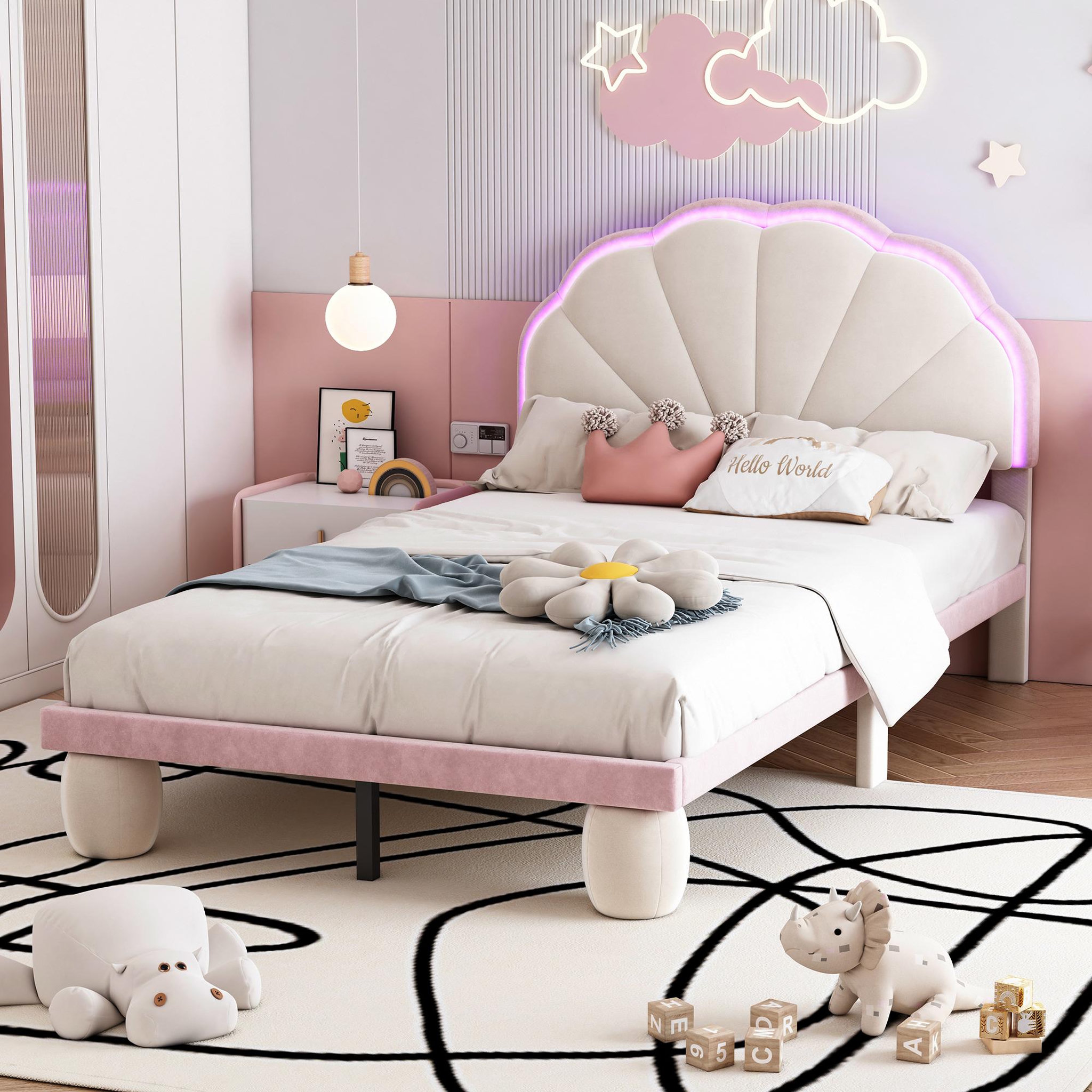 Voir la diapositive 4 : MERAX Lit simple enfant rembourré 90x200cm velours coloris beige+rose led
