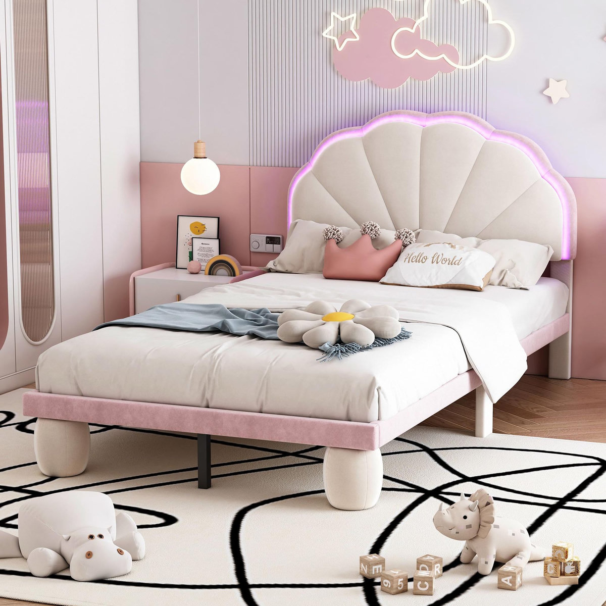 MERAX Lit simple enfant rembourré 90x200cm velours coloris beige+rose led