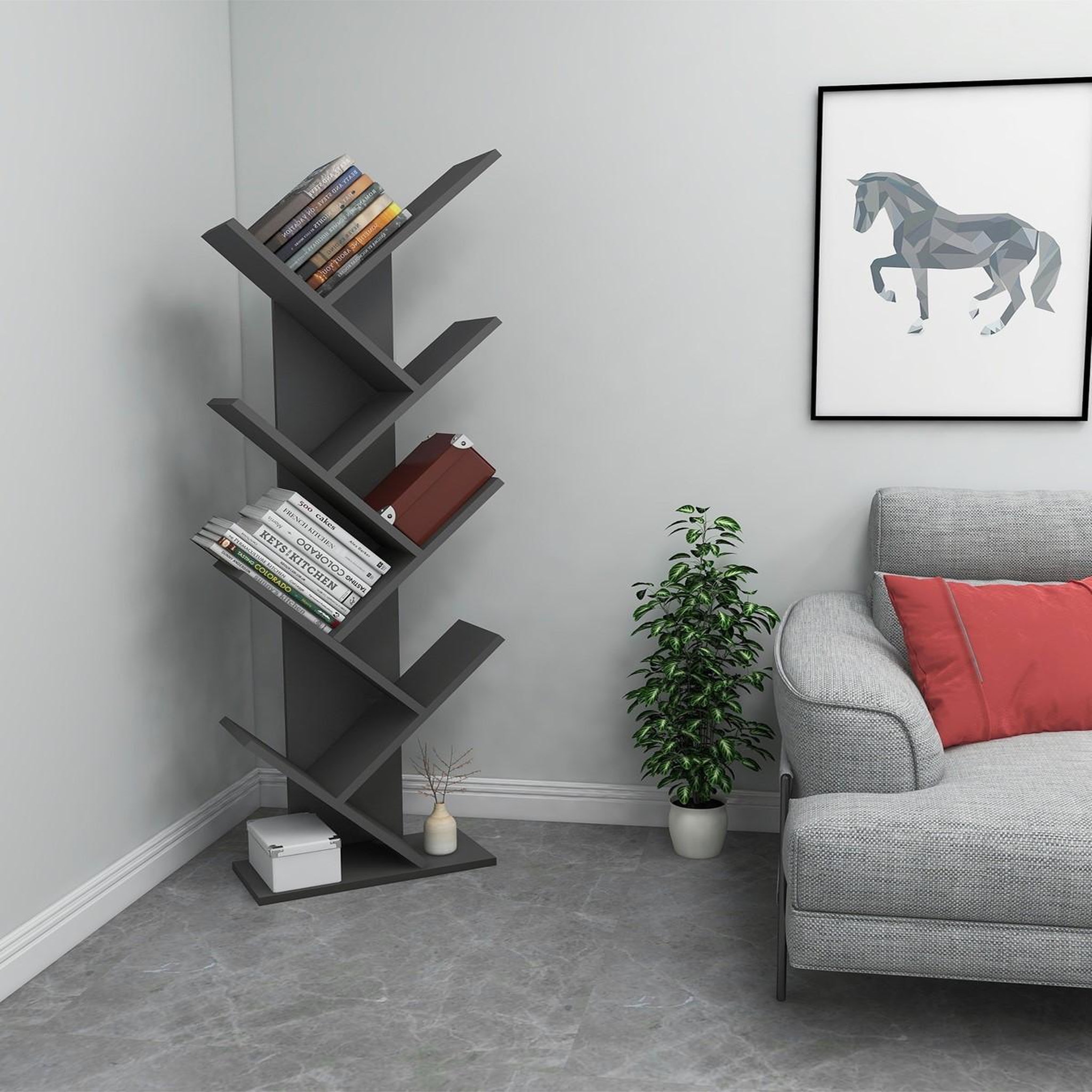 Voir la diapositive 2 : Habitat et Jardin Bibliothèque en bois  Hitit  - 46 x 22 x 128 cm - Gris anthracite