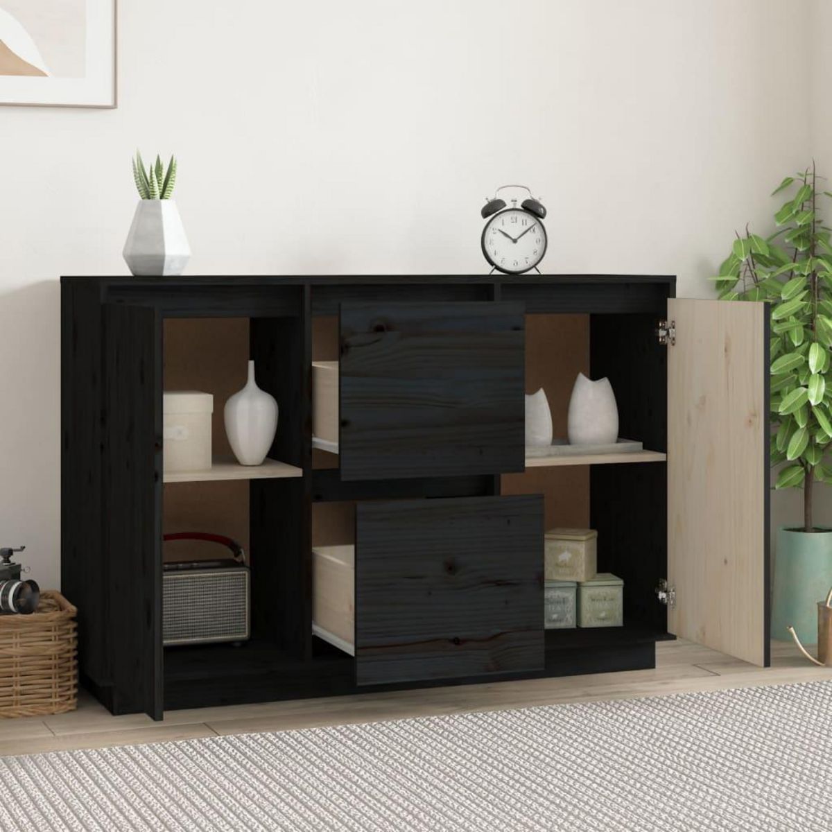 VIDAXL Buffet Noir 111x34x75 cm Bois massif de pin