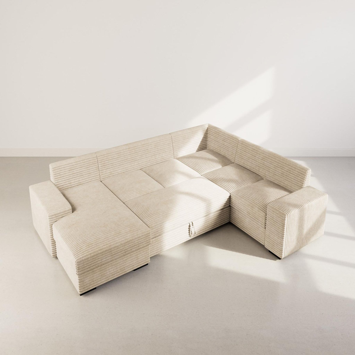 BEST MOBILIER Lorie - canapé panoramique d'angle droit 7 places convertible en velours côtelé grosse côte avec coffre