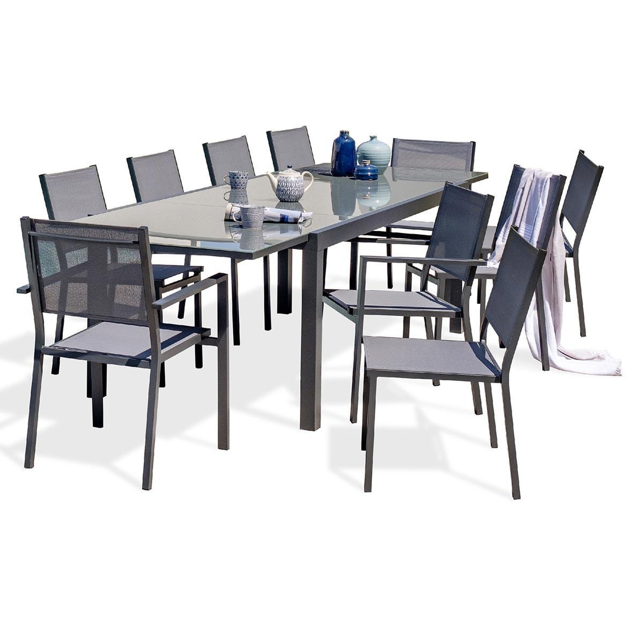 DCB GARDEN Ensemble Table de Jardin 8 Chaises & 2 Fauteuils  Tolede  200-300cm Gris Anthracite